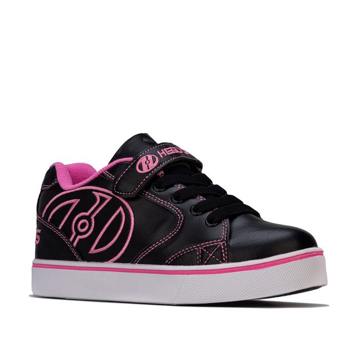Junior Girls Heelys Vopel X2 Skate Shoes in Black Pink<BR><BR>- Wheeled skate shoes<BR>- Elasticated laces sewn in<BR>- Hook and loop strap to top<BR>- Cushioned insole<BR>- Padded collar and tongue<BR>- Branding to heel  side and tongue<BR>- Synthetic and Textile Upper  Textile Lining  Synthetic Sole<BR>- Ref: HE100328