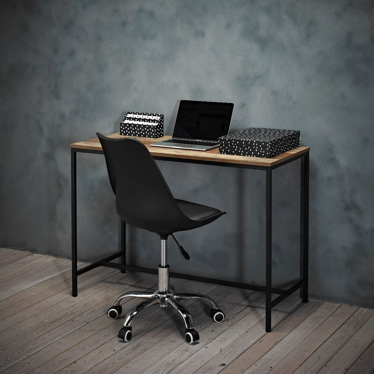 Industrial inspired oak desk 

Height: 75cm
Width: 110cm
Depth: 47cm
                                                                                           Update your office with the stylish, industrial inspired Hoxton desk. Featuring vintage plank effect oak wood with black metal work finish. Perfect for use in both contemporary and traditional homes.