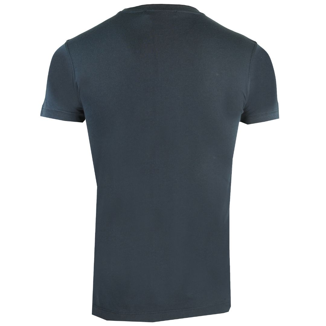 Roberto Cavalli RC Snake Logo Navy T-Shirt. Roberto Cavalli Navy Blue Tee. 100% Cotton. Large Motif On Front Of Tee. Crew Neck. Style: HST60D A27 04926