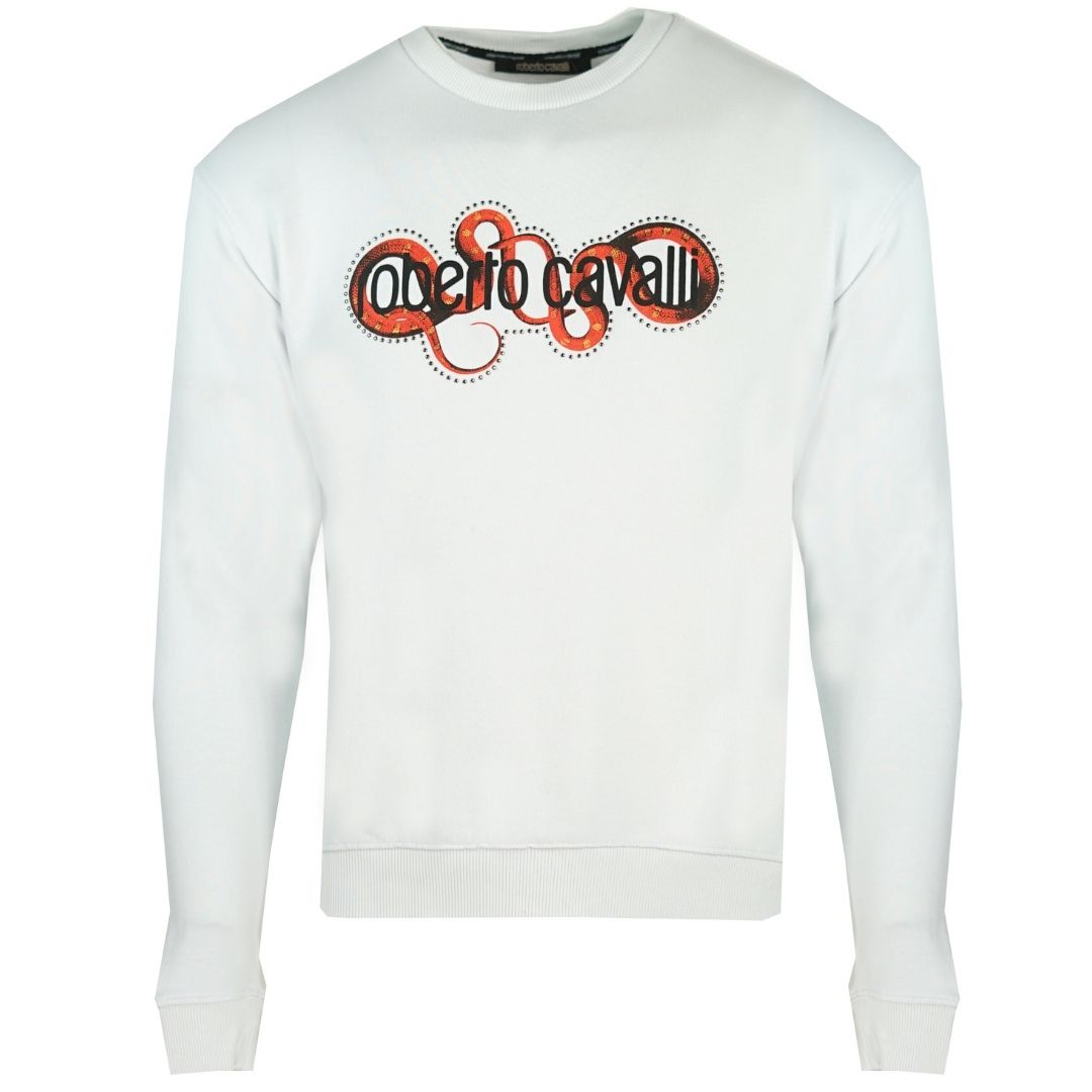 Roberto Cavalli Snake Wrapped Logo White Sweater. Roberto Cavalli White Jumper. Roberto Cavalli Branding. Regular Fit. Ribbed Sleeve and Waist Endings. Style:HST60I A373 00053