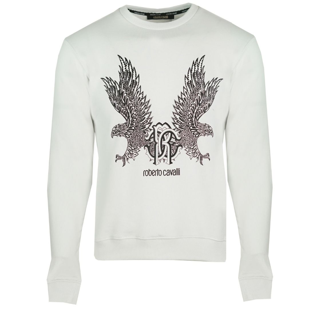 Roberto Cavalli Mirrored Eagle White Sweater. Roberto Cavalli White Jumper. Roberto Cavalli Branding. Regular Fit. Ribbed Sleeve and Waist Endings. Style:HST65H A373 00053