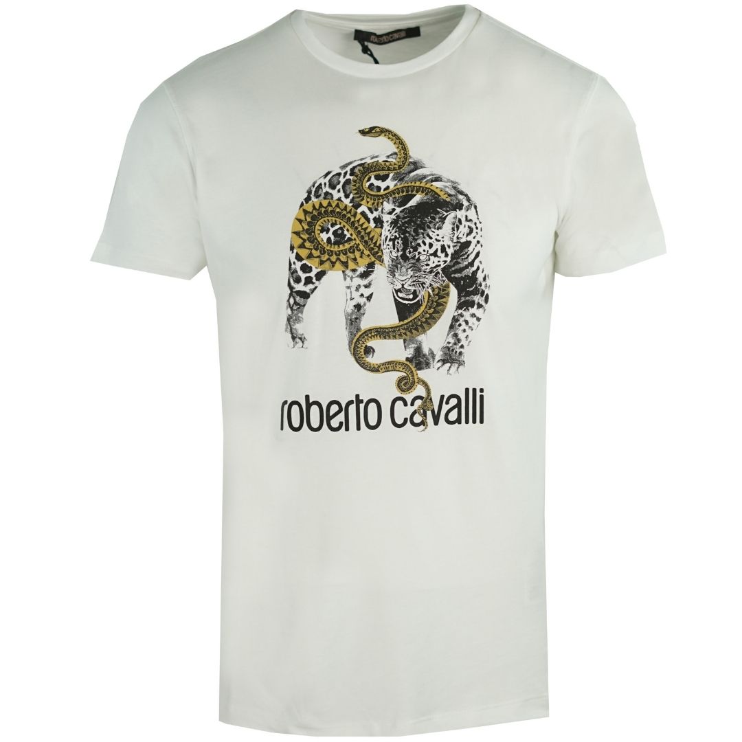 Roberto Cavalli Captured Logo White T-Shirt. Roberto Cavalli White Tee. 100% Cotton. Cheetah Logo and Brand Name On Front Chest. Crew Neck. Style: HST67D A516 00053