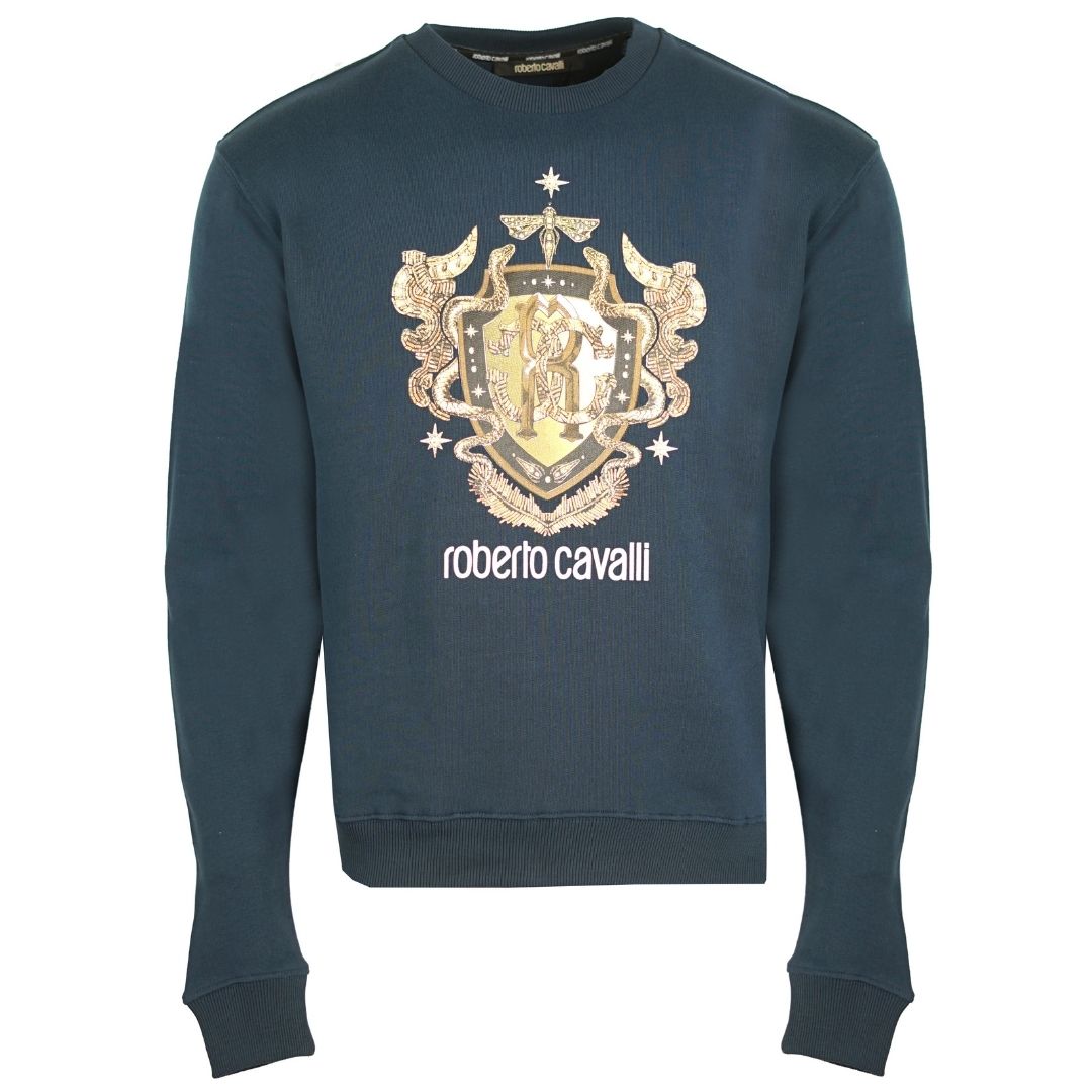 Roberto Cavalli RC Gold Shield Logo Navy Jumper. Roberto Cavalli Navy Jumper. Roberto Cavalli RC Branding. Regular Fit. Ribbed Sleeve and Waist Endings. Style:HST67H A373 04926