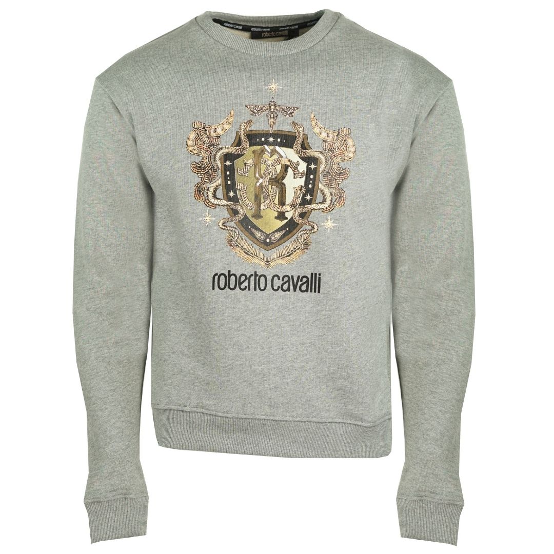 Roberto Cavalli RC Gold Shield Logo Grey Jumper. Roberto Cavalli Grey Jumper. Roberto Cavalli RC Branding. Regular Fit. Ribbed Sleeve and Waist Endings. Style:HST67H A373 05014