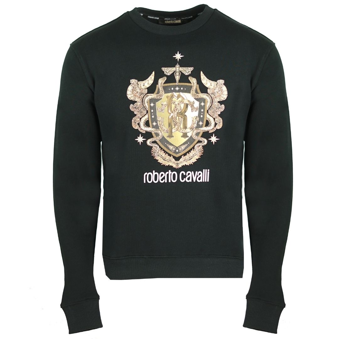 Roberto Cavalli RC Gold Shield Logo Black Jumper. Roberto Cavalli Black Jumper. Roberto Cavalli RC Branding. Regular Fit. Ribbed Sleeve and Waist Endings. Style:HST67H A373 05051