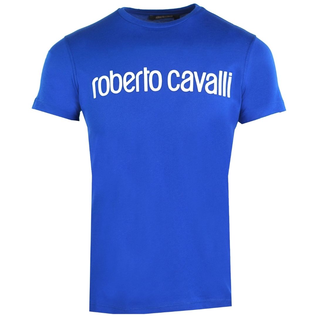 Roberto Cavalli Logo Blue T-Shirt. Roberto Cavalli Blue Tee. 100% Cotton, Crew Neck. Brand Name Printed Acoss The Chest. Regular Fit. Style: HST68F A516 03030