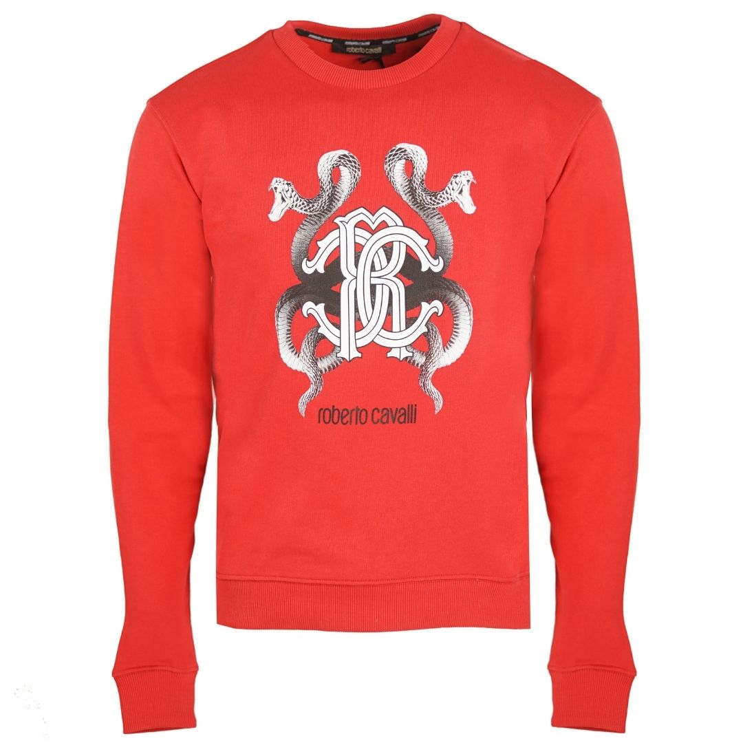 Roberto Cavalli RC Snake Logo Red Jumper. Roberto Cavalli Red Jumper. Roberto Cavalli RC Snake Branding. Regular Fit. Ribbed Sleeve and Waist Endings. Style:HST68H A373 02000
