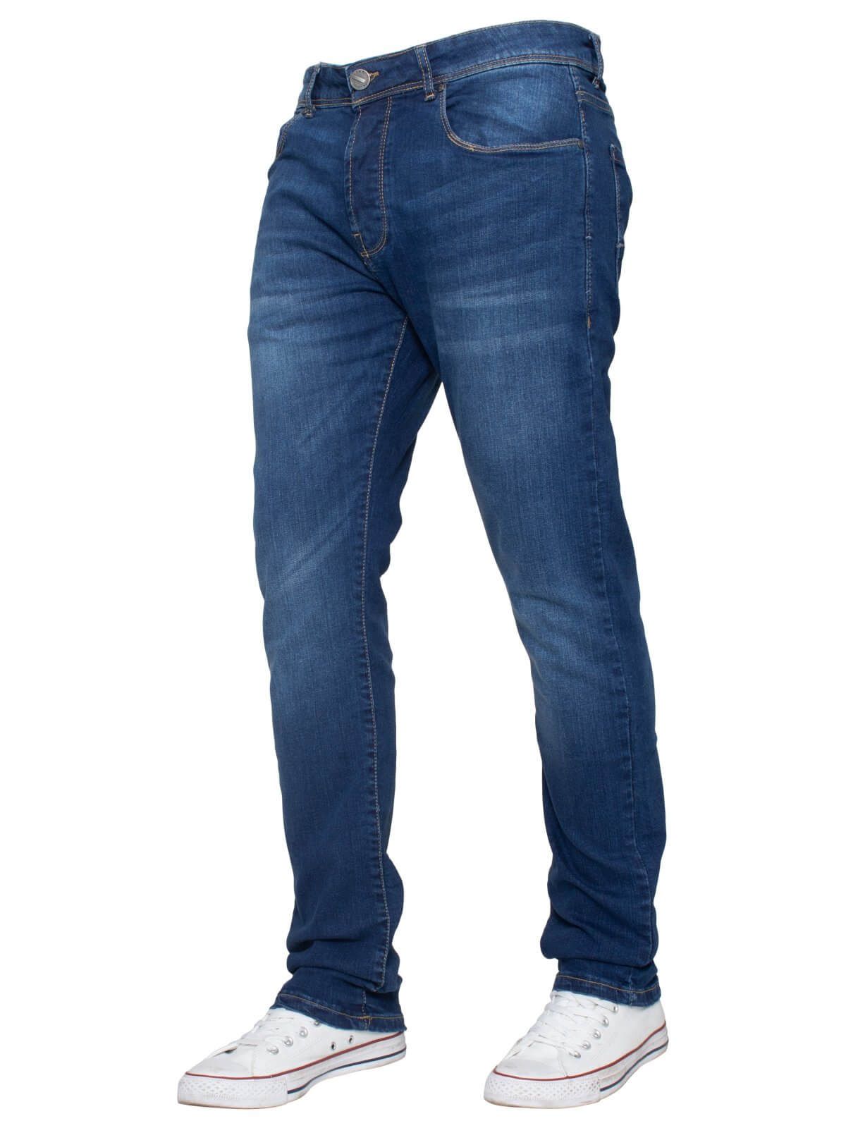 Update your blue denim collection with these skinny fit men s designer jeans by Enzo, tailored in soft cotton blend with a hint of stretch that combines a streamlined silhouette with comfort and freedom of movement. This button fly style features 5 pockets, a coin pocket, a branded PU waist tag and branded rivets and buttons. With a wide range of sizes up to waist 42 at the fashion website, everyone can find the perfect pair.