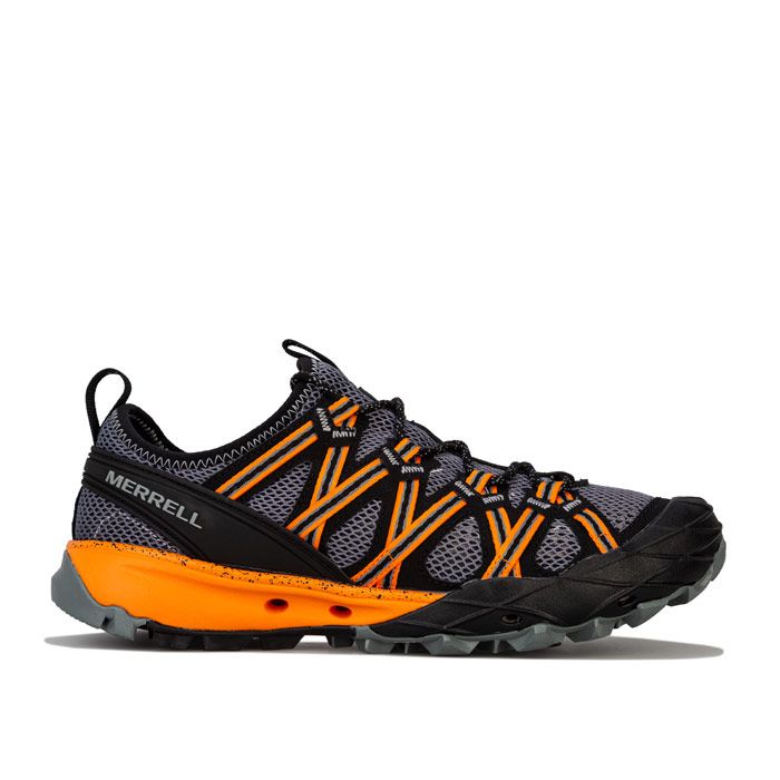 Mens Merrell Choprock Hiking Trainers in Grey Orange<BR><BR>- Lace up closure<BR>- Vibram® Megagrip®<BR>- EVA midsole for stability and comfort<BR>- Kinetic Fit™ Base removable contoured EVA insole with water friendly top cover<BR>- Hydramorph™ midsole channels and ports for water evacuation and air ventilation<BR>- Hyperlock™ molded TPU heel counter <BR>- Integrated webbing loops<BR>- Rubber toe bumper<BR>- Branding to heel and tongue<BR>- Textile and Synthetic Upper  Textile Lining  Synthetic Sole<BR>- Ref: J99565