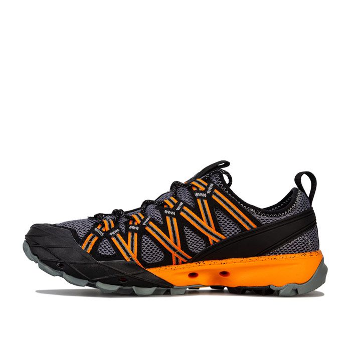 Mens Merrell Choprock Hiking Trainers in Grey Orange<BR><BR>- Lace up closure<BR>- Vibram® Megagrip®<BR>- EVA midsole for stability and comfort<BR>- Kinetic Fit™ Base removable contoured EVA insole with water friendly top cover<BR>- Hydramorph™ midsole channels and ports for water evacuation and air ventilation<BR>- Hyperlock™ molded TPU heel counter <BR>- Integrated webbing loops<BR>- Rubber toe bumper<BR>- Branding to heel and tongue<BR>- Textile and Synthetic Upper  Textile Lining  Synthetic Sole<BR>- Ref: J99565