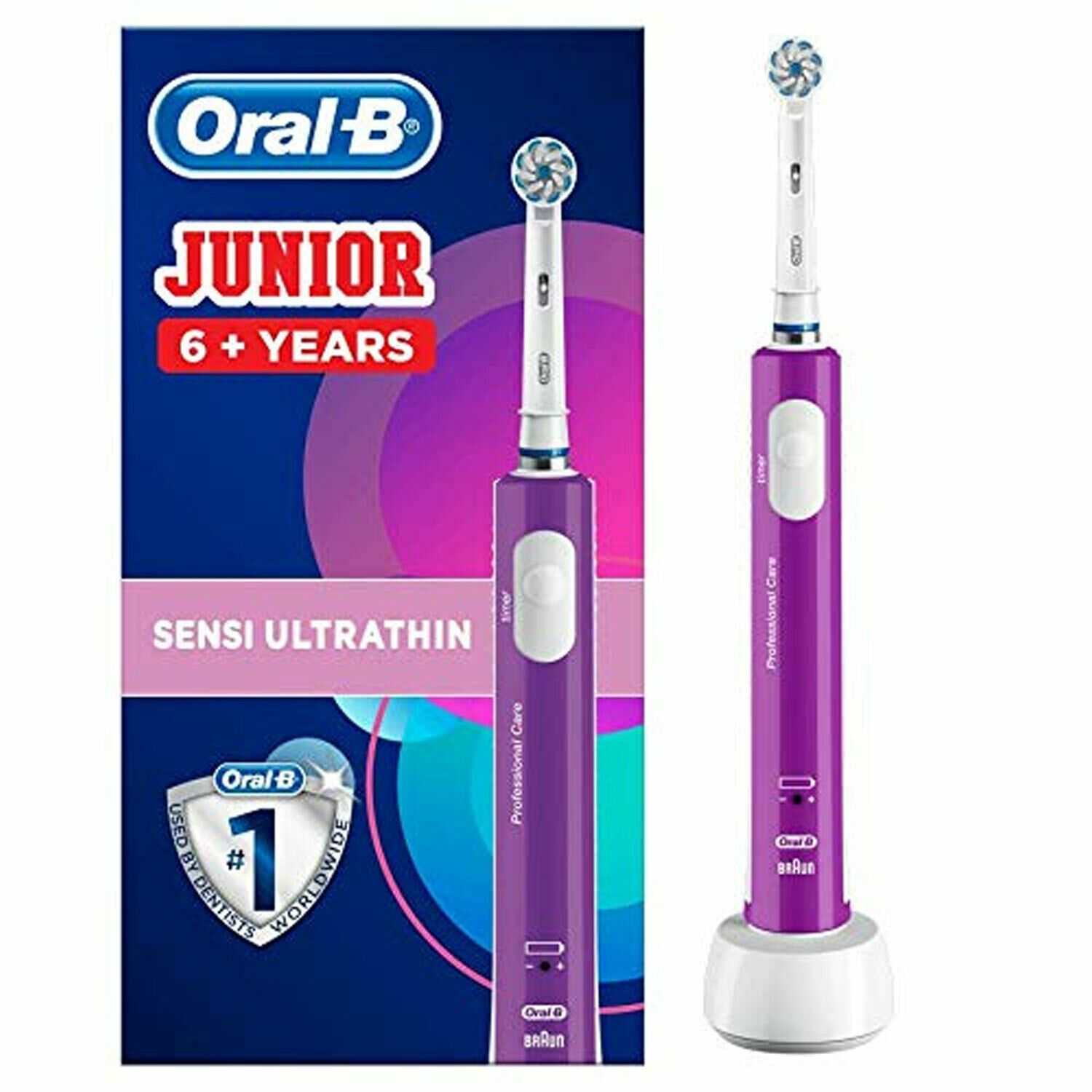 Oral-B Junior Kids Electric Toothbrush Rechargeable for Children Aged 6+ Purple

    Better habits, cleaner teeth and fun colours make brushing fun for children aged 6+
    Brushing timer teaches children to brush the Dentist-recommended 2 minutes
    Round head removes more plaque than a manual toothbrush
    Extra soft bristles that are clinically proven to be gentle on teeth and gums
    Rechargeable battery lasts up to 7 days on a single charge
    Oral-B, the #1 brand used by Dentists worldwide, approved by the Oral Health Foundation
    Content: One purple handle with a 2 pin UK plug, one sensitive clean toothbrush head and bathroom brushing guide

Oral-B Junior 6+ Sensi UltraThin Toothbrush

Encourages healthy habits
The colourful Oral-B Junior 6+ electric toothbrush can motivate kids to build healthy habits. This rechargeable brush has extra-soft bristles, clinically proven to be gentle on young teeth and gums while removing more plaque than a manual toothbrush. The built-in timer teaches kids to brush for the dentist-recommended 2 minutes. The Oral-B Junior 6+ comes with a brushing guide to help kids clean their teeth.

2-minute Timer
The built-in timer teaches children to brush the Dentist-recommended 2 minutes.
	
Cleans Better* & Protects From Cavities
The round head removes more plaque than a manual toothbrush and helps protect against cavities.

*than a manual toothbrush
	
Extra-soft Bristles
Extra-soft bristles that are clinically proven to be gentle on teeth and gums.
	
Battery For Up To 10 Days


Steps for cleaner teeth

Hold � don�t scrub: Guide the brush head slowly from tooth to tooth, spending a few seconds on each one.
Don�t press too hard: Your brush does the work so you don�t need to.
Brush for 2 minutes: Spend 30 seconds on each quadrant of your mouth. Your brush will buzz when it�s time to move on.
Brush twice a day: Don�t forget to brush twice a day, every day. In the morning and in the evening.

Not Available for the following postcodes:
AB, BT, DB99, DD9-11, EH35-46, FK18-21, AB, BT, DB99, GY, HS, IM, IV, KA27, KA28, KW, KY9-16, PA, PH, PO30-41, TD, TR21-25, ZE