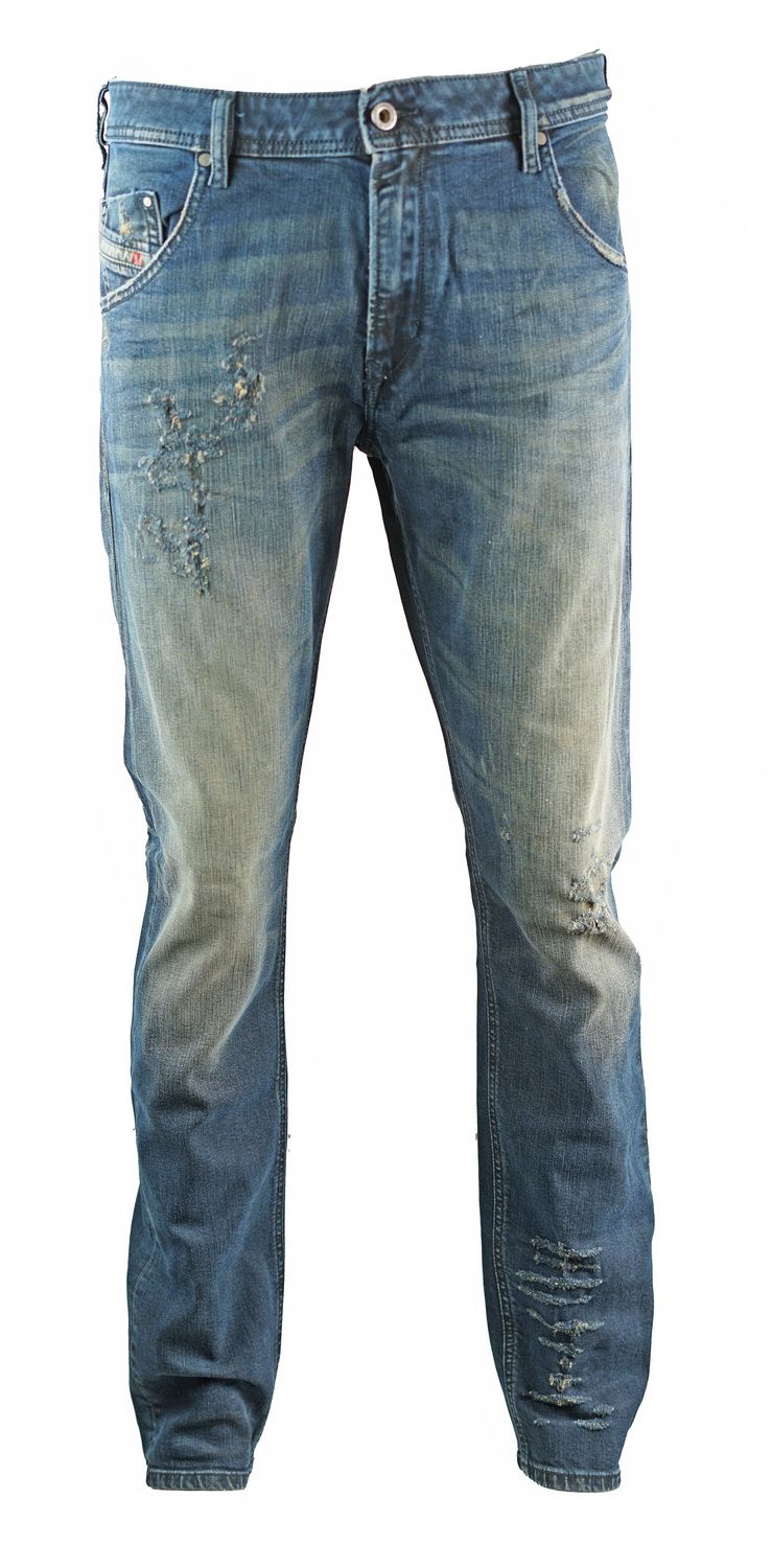 Diesel Krayver R48XU Jeans. Stretch Denim - 66% Cotton, 31% Lyocell, 3% Elastane. Distressed and Faded. Regular Fit Tapered Leg. Zip Fly, Brand Embossed Badge. Style - Krayver R48XU