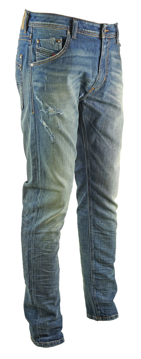 Diesel Krayver R6ZD4 Jeans. Distressed and Faded. Regular Fit Tapered Leg. Zip Fly, Brand Embossed Badge. Style - Krayver R6ZD4