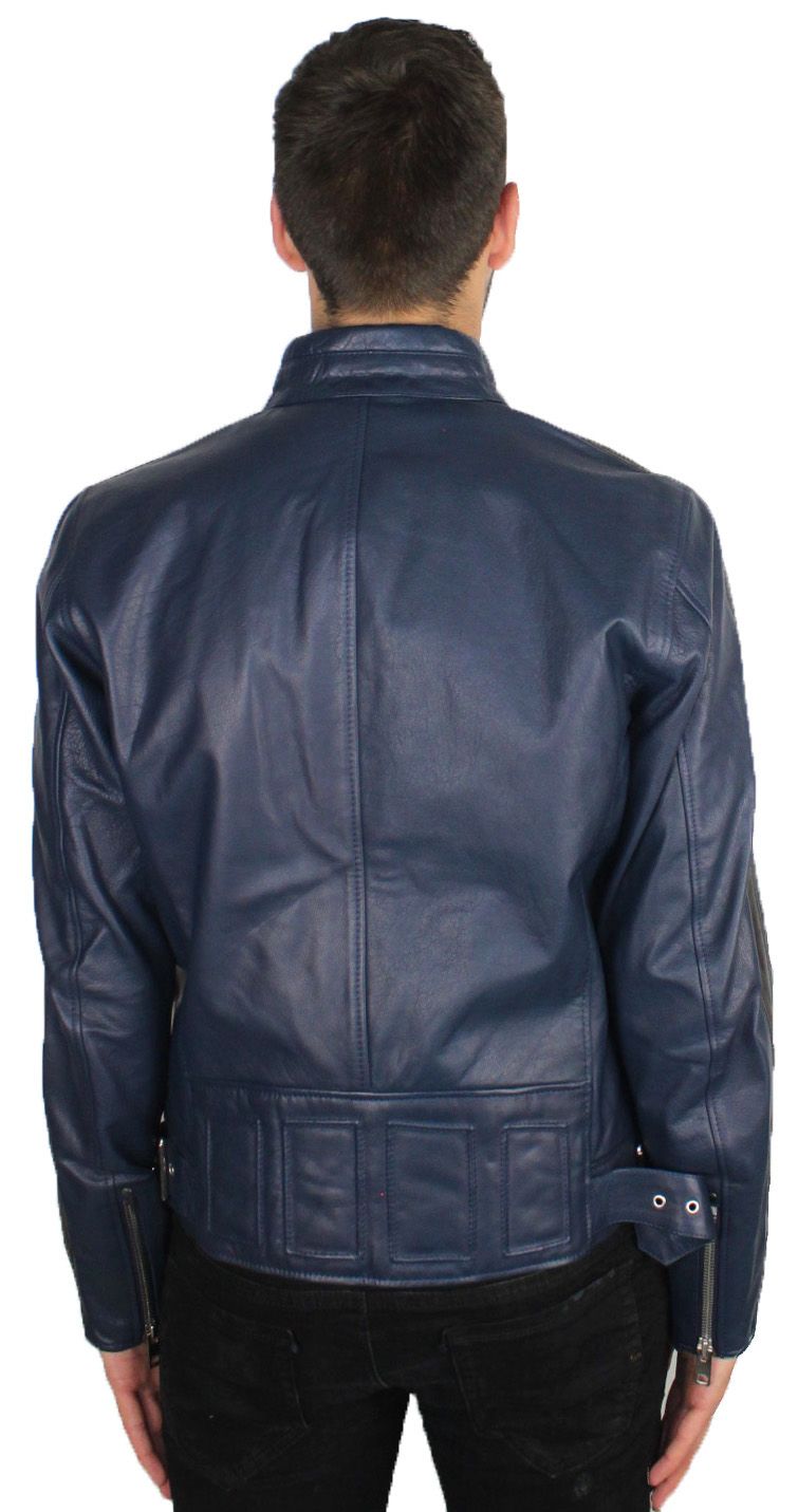 Diesel L-Reed 81EA Leather Jacket. Soft Blue Leather Jacket. Central Zip Closure. 100% Buffalo Hide. Navy With Black Contrast. Zipped Cuffs