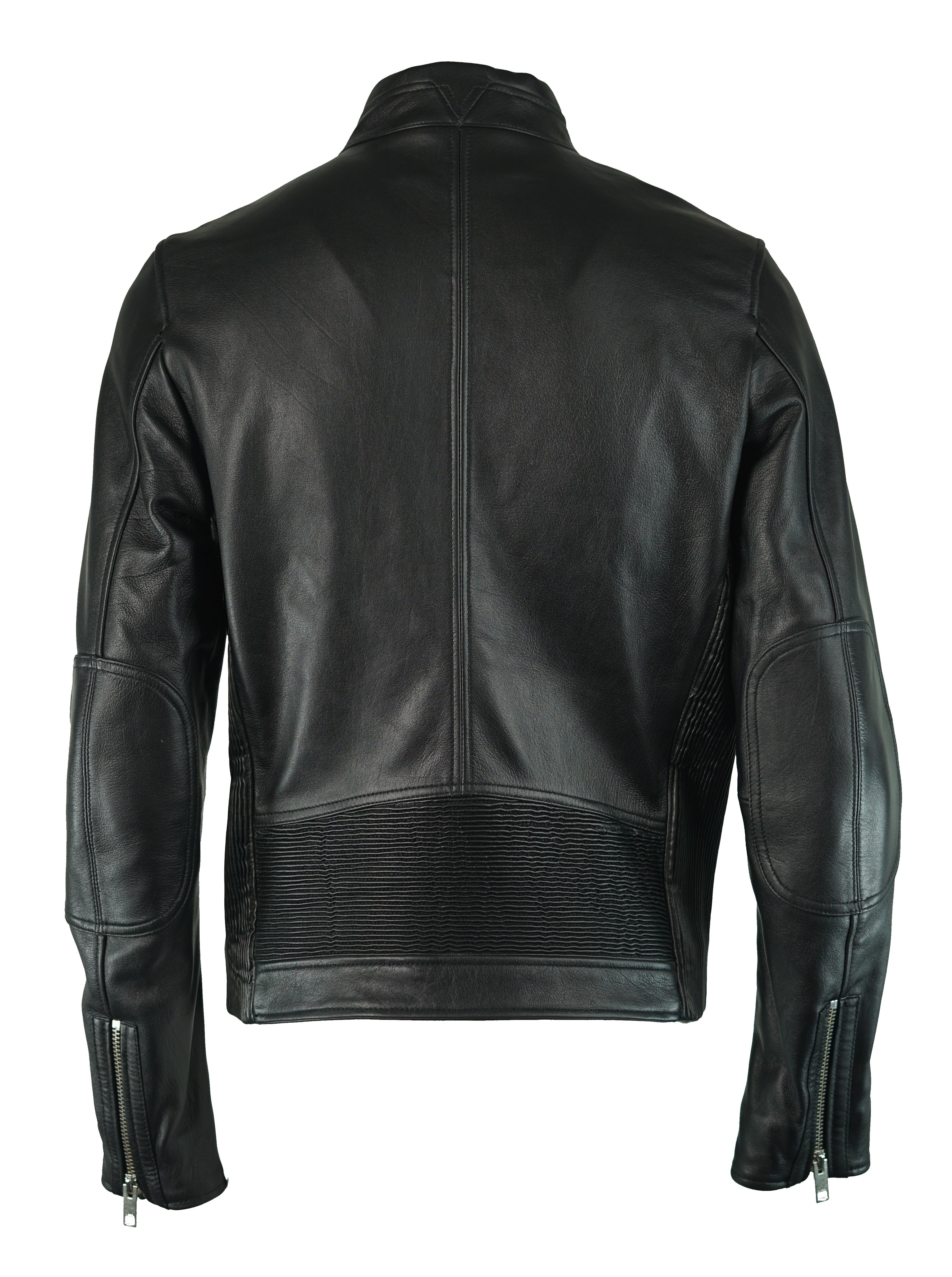 Diesel L-Rush 900 Leather Jacket. 100% Lamb Skin leather. Zip Closure With Flap Cover. Mandarin Collar. Zip Fasten Pockets. Diesel Black Leather Jacket