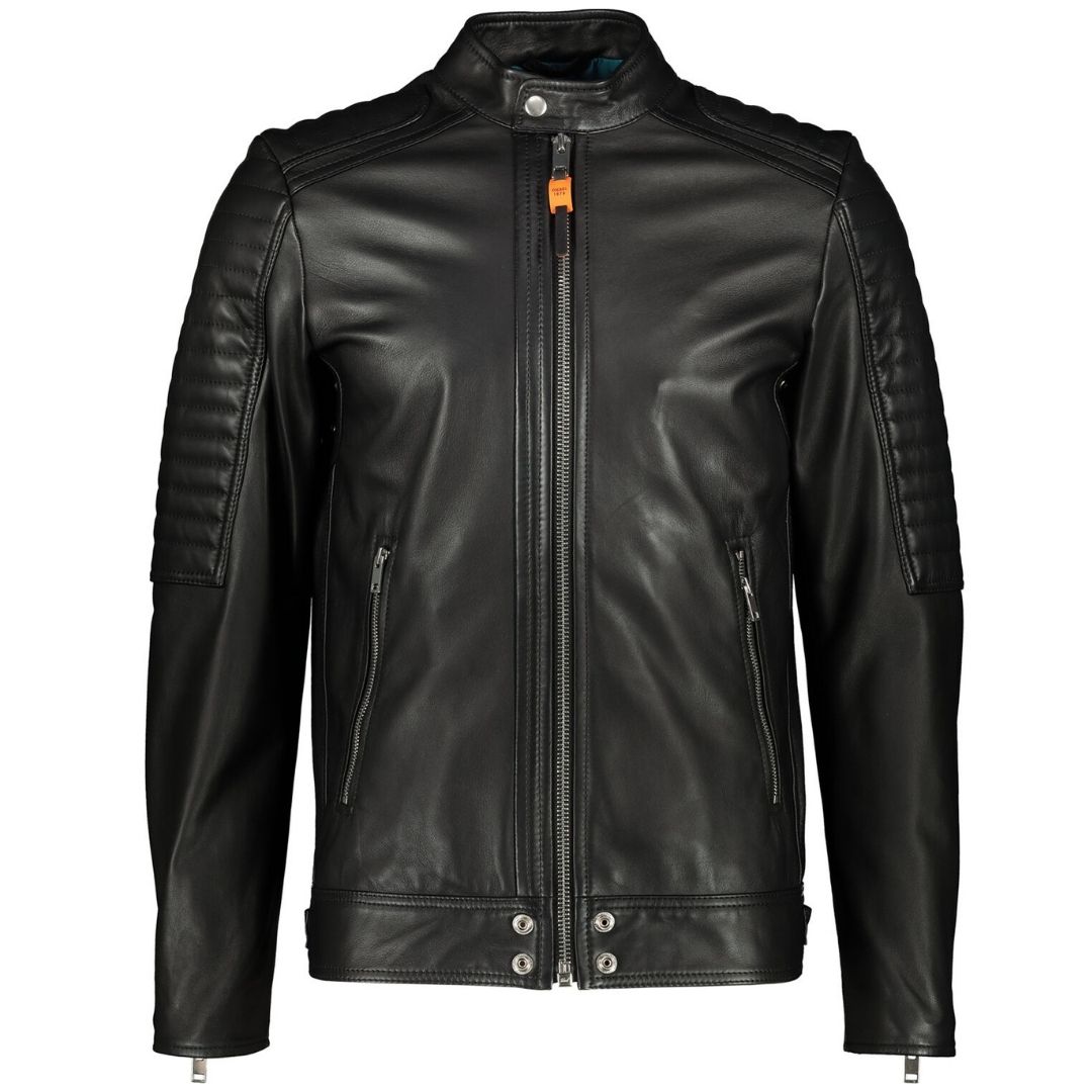 Diesel L-Shiro Biker Black Leather Jacket. Diesel L-Shiro 900 Black Leather Jacket. Central Zip Closure. 2 Zip Closure Front Pockets. Ribbed Shoulder and Arm Detail. 100% Sheepskin Leather