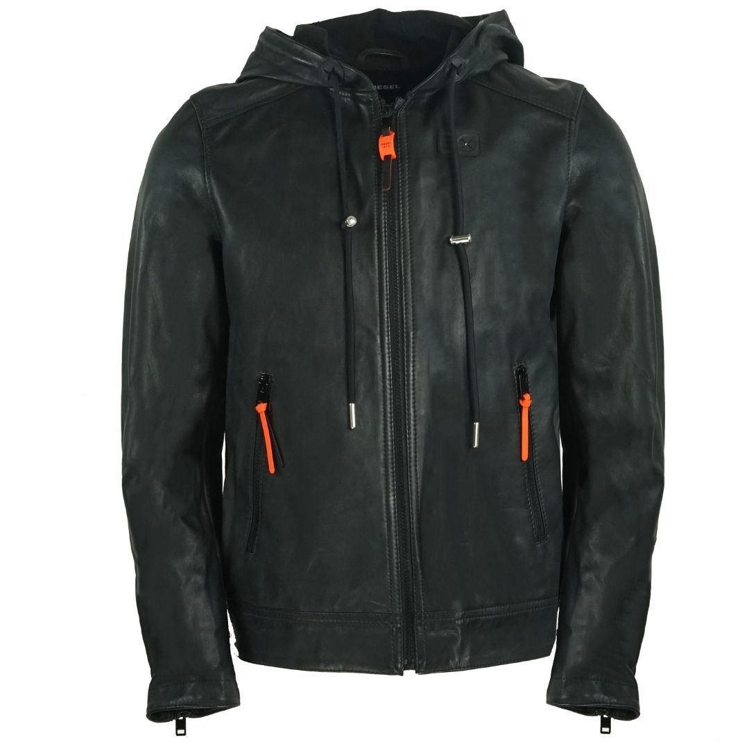 Diesel LRestil Black Hooded Leather Jacket