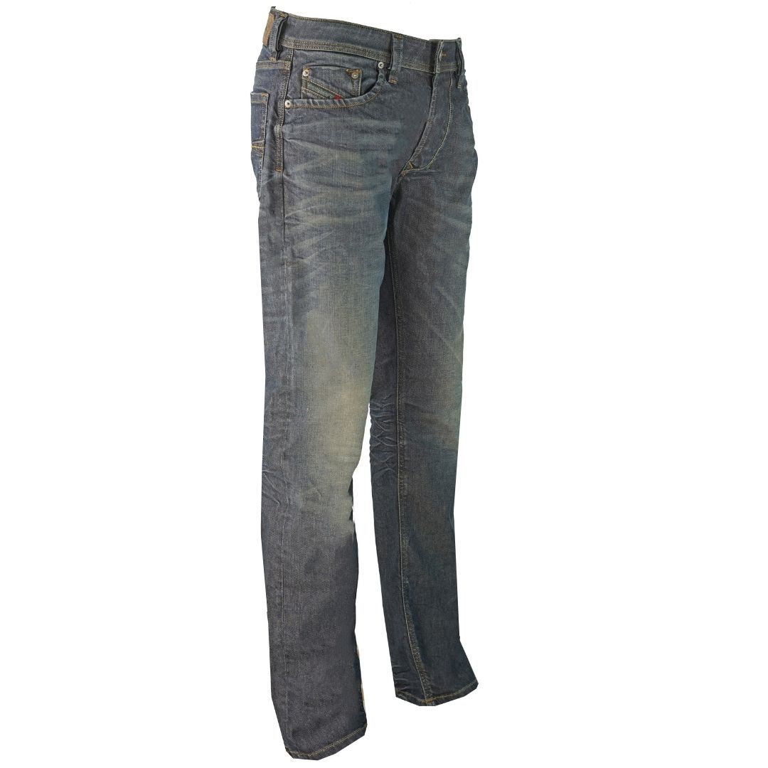 Diesel Larkee 084ZU Jeans. Diesel Larkee 084ZU Regular Fit Jeans. Button Fly. 98% Cotton 2% Elastane Stretch Denim. Straight Leg. Diesel Branded Badge