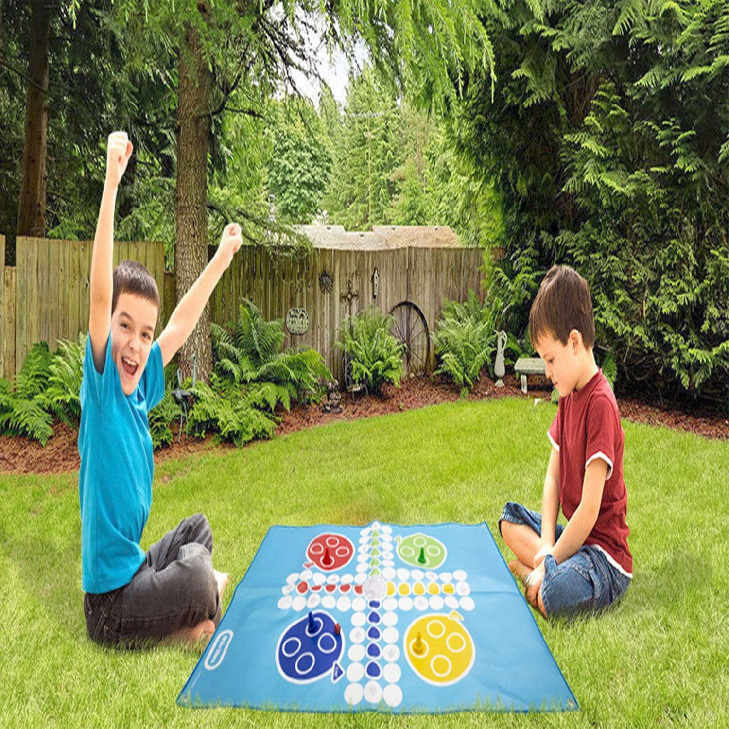 Enjoy hours of fun playing classic games with a twist with this brilliant Giant size Ludo Game. Includes: Ludo playmat Dice 16 plastic counters 4 ground pegs Instructions This brilliant giant size set is great for both indoor and outdoor fun for your youngsters to love. Product Information: Ludo Game Giant size Outdoor/indoor fun Playmat measures: 95cm x 138cm Ages 5+ 

    GIANT LUDO SET: Little tikes novelty giant ludo set, With large play mat and oversized counters this set is perfect for teaching your children this classic game. Play this classic family game anywhere, from the garden, beach and even parties. Can also be played indoors.
    CLASSIC GAMES: Set up your counters on the giant playing mat and roll the dice. Move all your counters into the safe zone to be crowned the winner. Assists in the development of basic skills and tactical thinking whilst playing the game. A twist on a classic play mat game, this giant version of the traditional Ludo will be fun for the whole family.
    MATERIAL: The giant garden games are made from good quality materials. Children can physically move around this plastic play mat. This play mat enables your children to play board games outside.
    EASY TO SET UP & PUT AWAY: When it comes to games for kids, teens, and adults. Little tikes ultimate is easy to set up and easy to clean up. When you're done playing, it's easy to fold and pack, ready to bring to your next gathering.