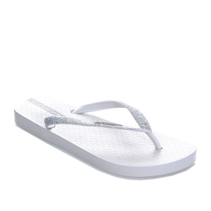 Womens Ipanema Lolita Glitter Flip Flops in white.<BR><BR>Eco-friendly flip flops made from recycled materials.<BR>- Slip on design.<BR>- Slim glitter strap with toe thong.<BR>- Metallic Ipanema logo applied to strap. <BR>- Ipanema beach sidewalk pattern on footbed.<BR>- Flexpand material is 100% recyclable and vegan-friendly.<BR>- Synthetic upper  lining and sole. <BR>- Ref: 81739-24422