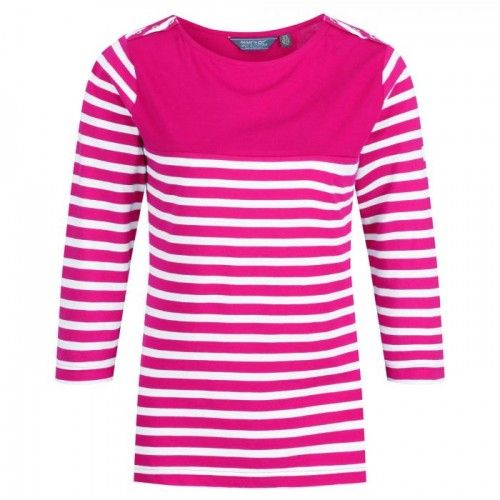100% cotton. 160gsm Cool weave cotton stripe jersey fabric. Button detail to shoulders. Bracelet length sleeves.