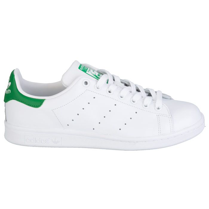 Mens adidas Originals Stan Smith Trainers in white.Iconic footwear with a fantastic discount.Originally created in 1973 for tennis star Stan Smith  the adidas Stan Smith shoes have dominated the test of time.  Smooth full grain leather  perforated 3-Stripes and tonal rubber outsole are featured on this iconic low top sneaker.  More clean and sleek than ever before  the adidas Stan Smith offers simplicity that can’t be replicated.- Full grain leather upper- Synthetic lining- Perforated 3-Stripes- Tonal rubber outsole for grip.- Leather and synthetic upper  Textile and synthetic lining  Synthetic sole.-Ref: M20324