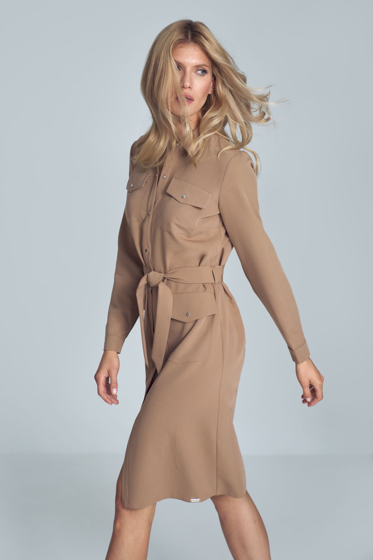 Brown shirt midi dress with long sleeve, tied at the waist with a fabric belt, fastened with snaps, four  pockets on the front.