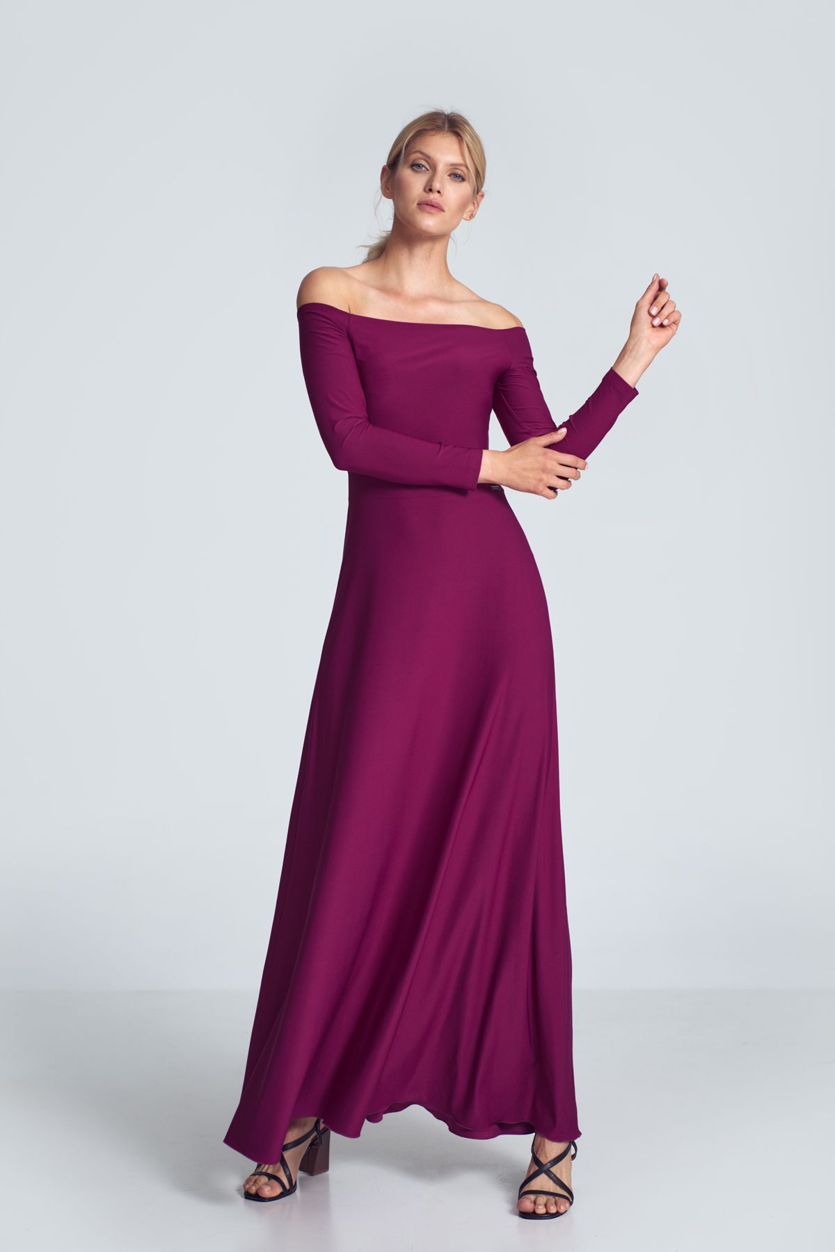 Fuchsia sensual maxi dress with long sleeves, large neckline - cold shoulders, pleats at the bust, sewn at the waist.