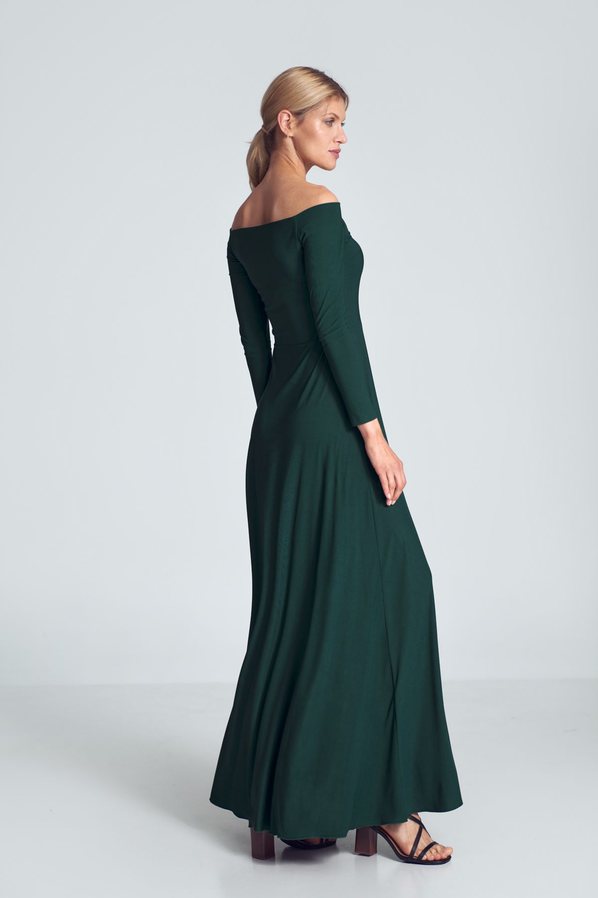 Green sensual maxi dress with long sleeves, large neckline - cold shoulders, pleats at the bust, sewn at the waist.