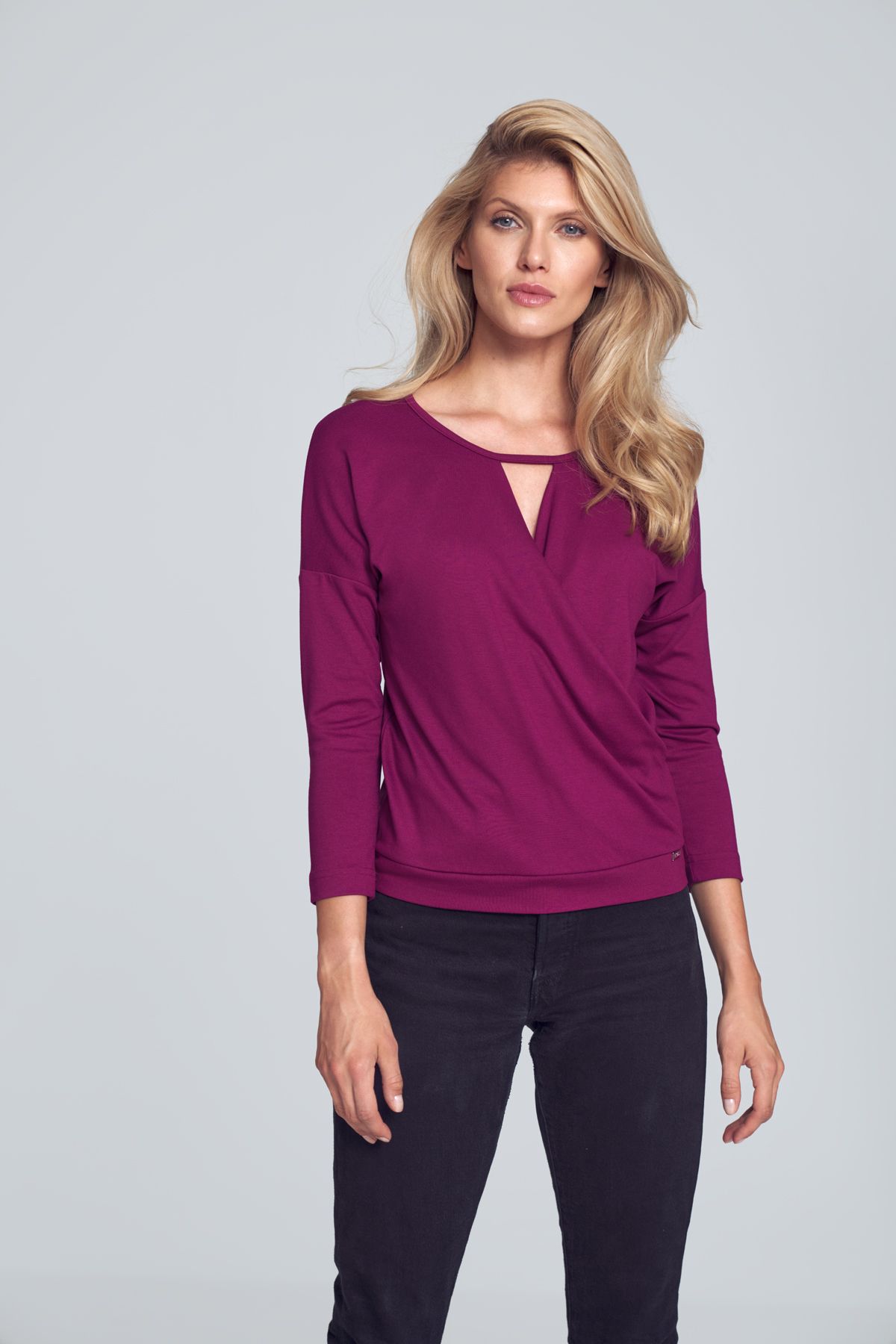 Fuchsia elegant short blouse with wrap neckline finished with decorative trimming, charming falling shoulder, ¾ sleeve, bottom finished with welt.
