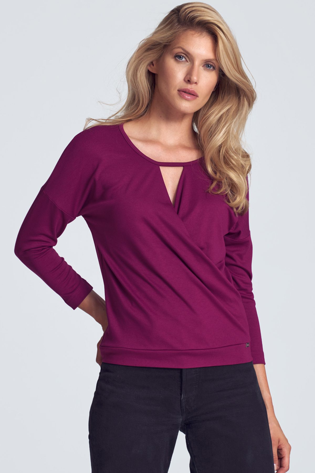 Fuchsia elegant short blouse with wrap neckline finished with decorative trimming, charming falling shoulder, ¾ sleeve, bottom finished with welt.