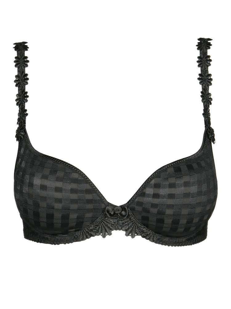 Marie Jo Avero Padded Heart Shaped Bra, this beautiful bra features a plunge heart-shaped neckline which highlights your cleavage and flatters your bust.  The padded cups offer a smooth, round shape, whilst the two-tone gingham style fabric overlay creates a romantically chic look. The underwire is encased in 2 layers of fabric plus a layer of foam which keeps you comfortable and supported throughout the day. The multiway straps can be worn conventionally, cross back or around the neck and feature delicate floral motif and decadent jewel detailing for a charming touch. Complete with a silicone strip along the top of the underbust band and a cute satin bow.