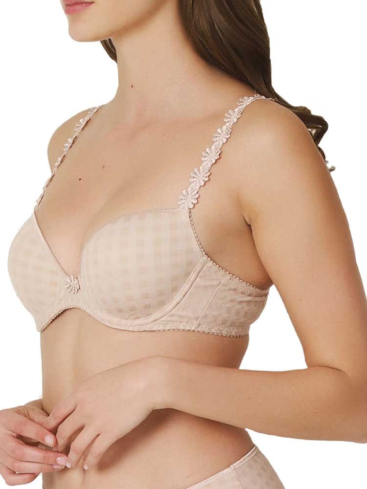 Marie Jo Avero Padded Round Shaped Bra, this beautiful balcony style bra offers natural uplift to the bust for a flattering fit and the underwire is encased in 2 layers of fabric plus a layer of foam to keep you comfortable and supported throughout the day. The padded cups offer a smooth, round shape, whilst the two-tone gingham style fabric overlay creates a romantically chic look. The straps feature delicate lace motif and jewel detailing for a charming touch.  Complete with picot elastic which doesnt dig in and a cute floral motif detail in the center.
