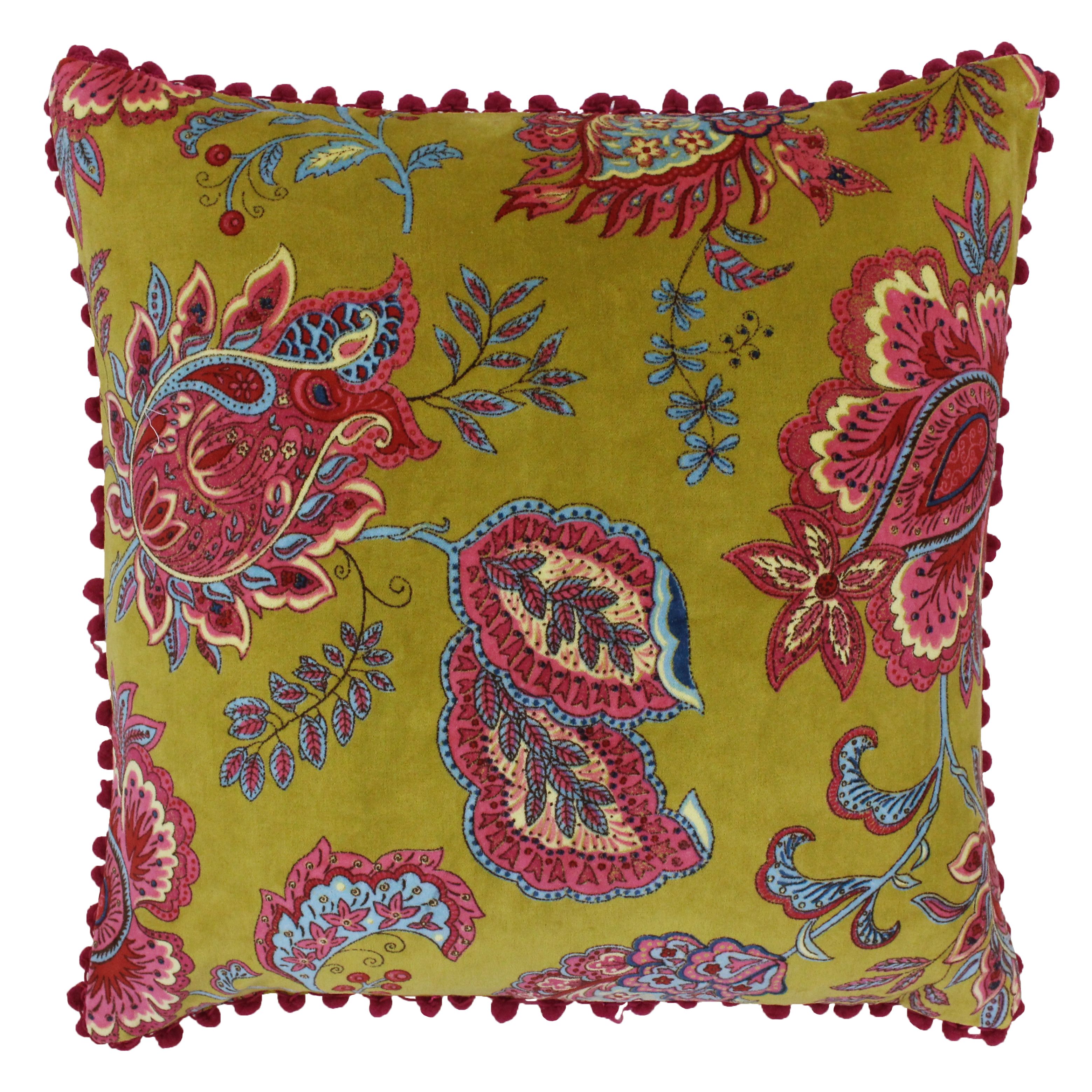 Made for the boho hippies found in all of us the Paoletti Malisa range brings together rich colours and sumptuous textures. The Malisa square Polyester Filled Cushion features a bright and detailed paisley Indian-inspired print of plants and flowers on a plain base that will bring a spark of botanical flair to any home interior. Featuring a faux velvet front and reverse these cushions are amazingly soft and will work fantastically on your sofa or bed. Each edge is embellished with contrasting pompoms adding to its character and a hidden zip closure stops anything from detracting from its unique design. This Polyester Filled Cushion has been lovingly made from 100% high-quality cotton giving it that notable cotton softness. Easy to care for this cushion is machine washable at 30 degrees. Use a warm iron and tumble dry on a low setting for the best finish.