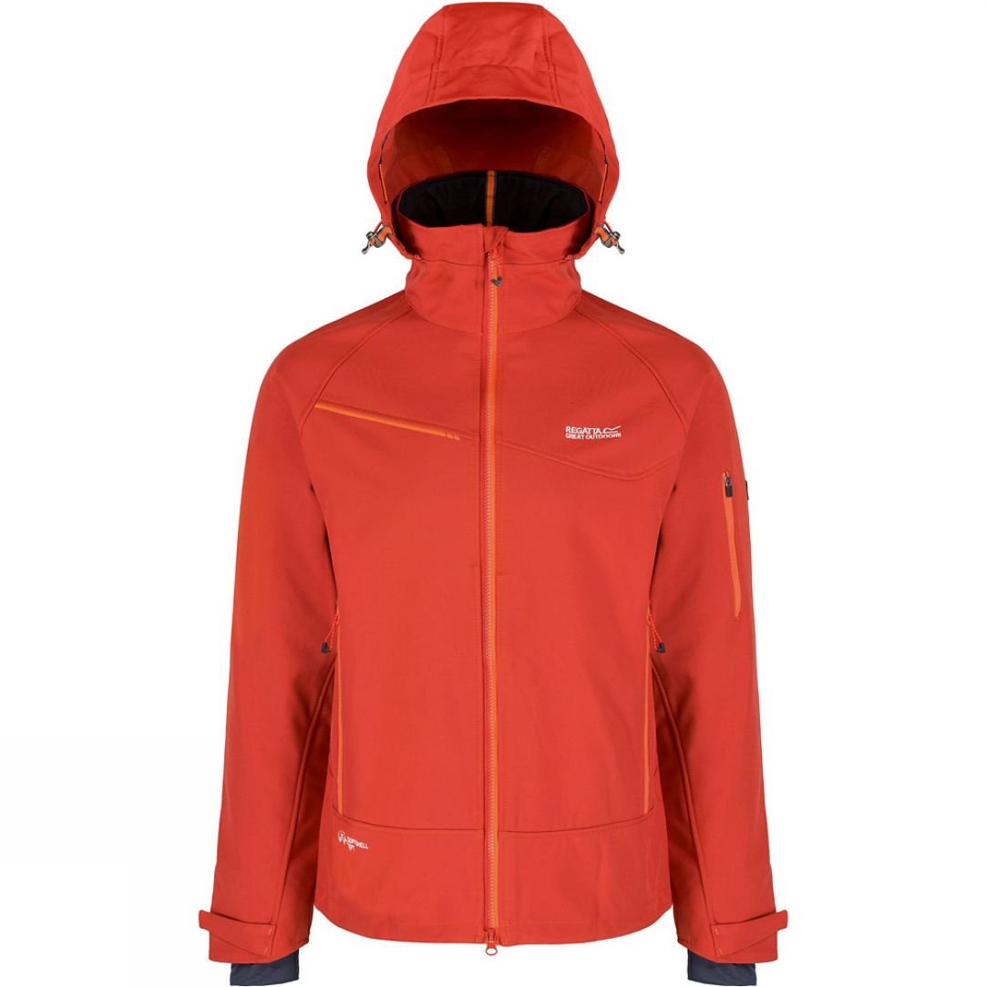 100% softshell. Mens jacket. Durable water repellent finish. Wind resistant. Inner zip guard. Detachable technical hood with adjusters. 2 zipped lower pockets. Zipped sleeve pockets. Storm cuffs. Adjustable drawcord hem. Lightweight. Regatta Mens sizing (chest approx): XS (35-36in/89-91.5cm), S (37-38in/94-96.5cm), M (39-40in/99-101.5cm), L (41-42in/104-106.5cm), XL (43-44in/109-112cm), XXL (46-48in/117-122cm), XXXL (49-51in/124.5-129.5cm), XXXXL (52-54in/132-137cm), XXXXXL (55-57in/140-145cm).
