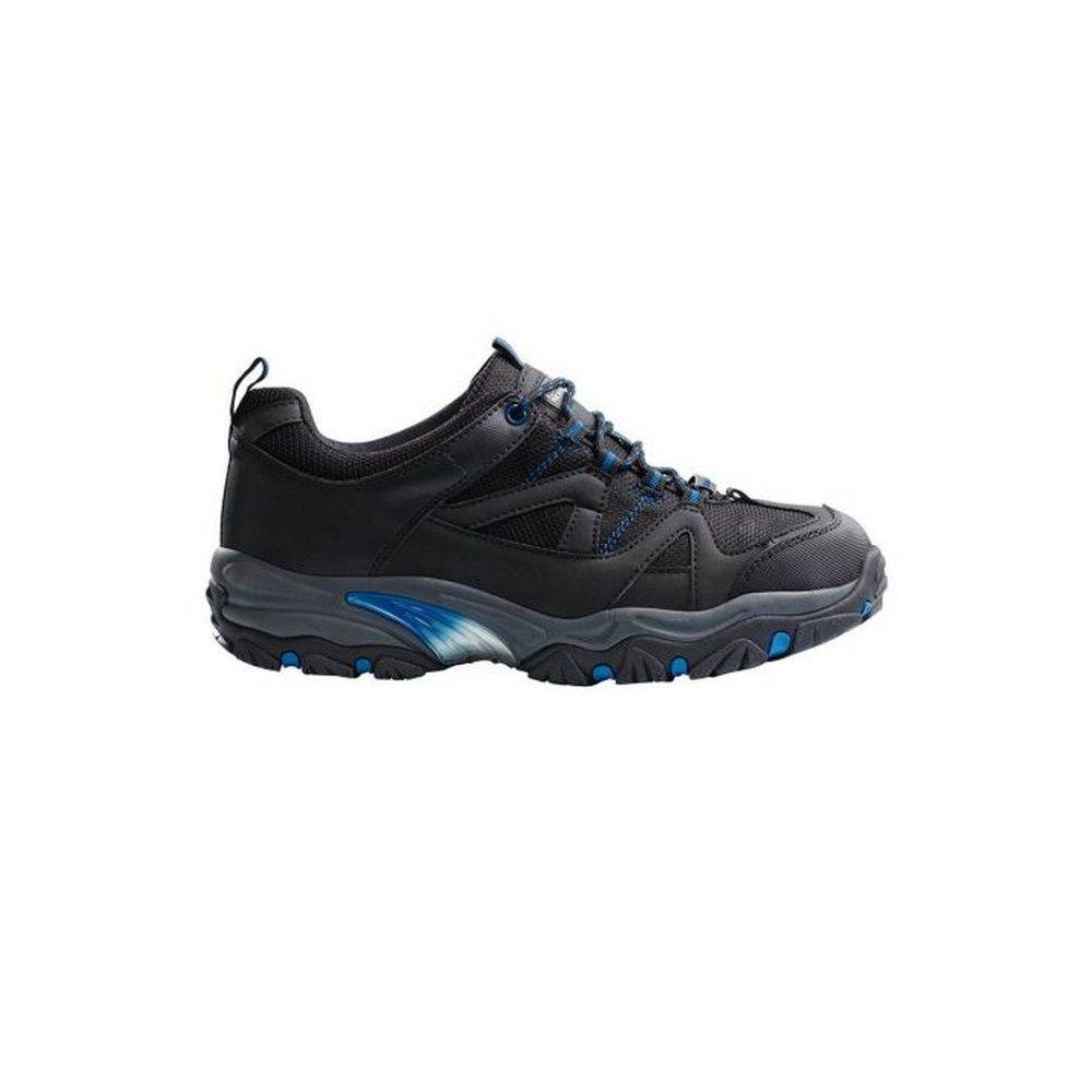 Mens safety trainers. Steel toe cap. Protective steel midsole. Leather/PU/mesh upper. Fuel oil resistant outsole. Rubber/EVA shock absorbent sole. Anti-static sole. Fully moulded and removable insole. Wide fitting. Safety rating EN20345: 2011 S1-P SRC. 200 joule safety toe cap. Penetration resistant midsole. Energy absorbing cushioned heel. SRC rated slip resistance. Upper composition: 4.60% Action Leather, 29.26% PU, 26.83% Mesh, 28.30% Mesh Lining, 6.95% Foam, 4.06% Chemical Fibre. Outsole composition: 50% EVA, 45% Rubber, 5% TPU.