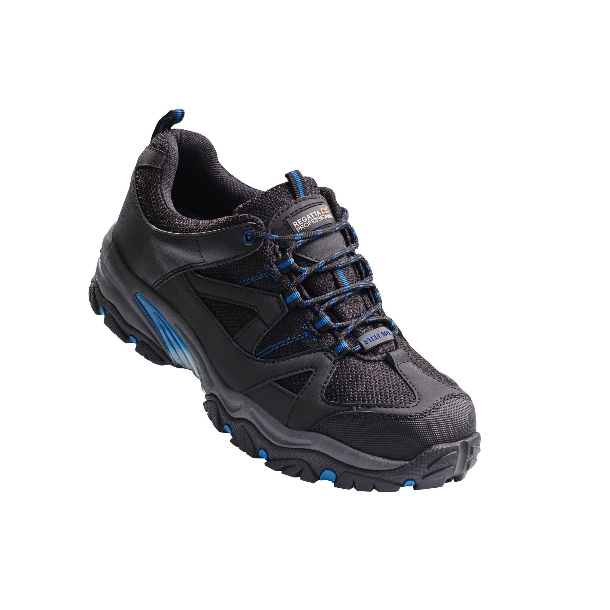 Mens safety trainers. Steel toe cap. Protective steel midsole. Leather/PU/mesh upper. Fuel oil resistant outsole. Rubber/EVA shock absorbent sole. Anti-static sole. Fully moulded and removable insole. Wide fitting. Safety rating EN20345: 2011 S1-P SRC. 200 joule safety toe cap. Penetration resistant midsole. Energy absorbing cushioned heel. SRC rated slip resistance. Upper composition: 4.60% Action Leather, 29.26% PU, 26.83% Mesh, 28.30% Mesh Lining, 6.95% Foam, 4.06% Chemical Fibre. Outsole composition: 50% EVA, 45% Rubber, 5% TPU.