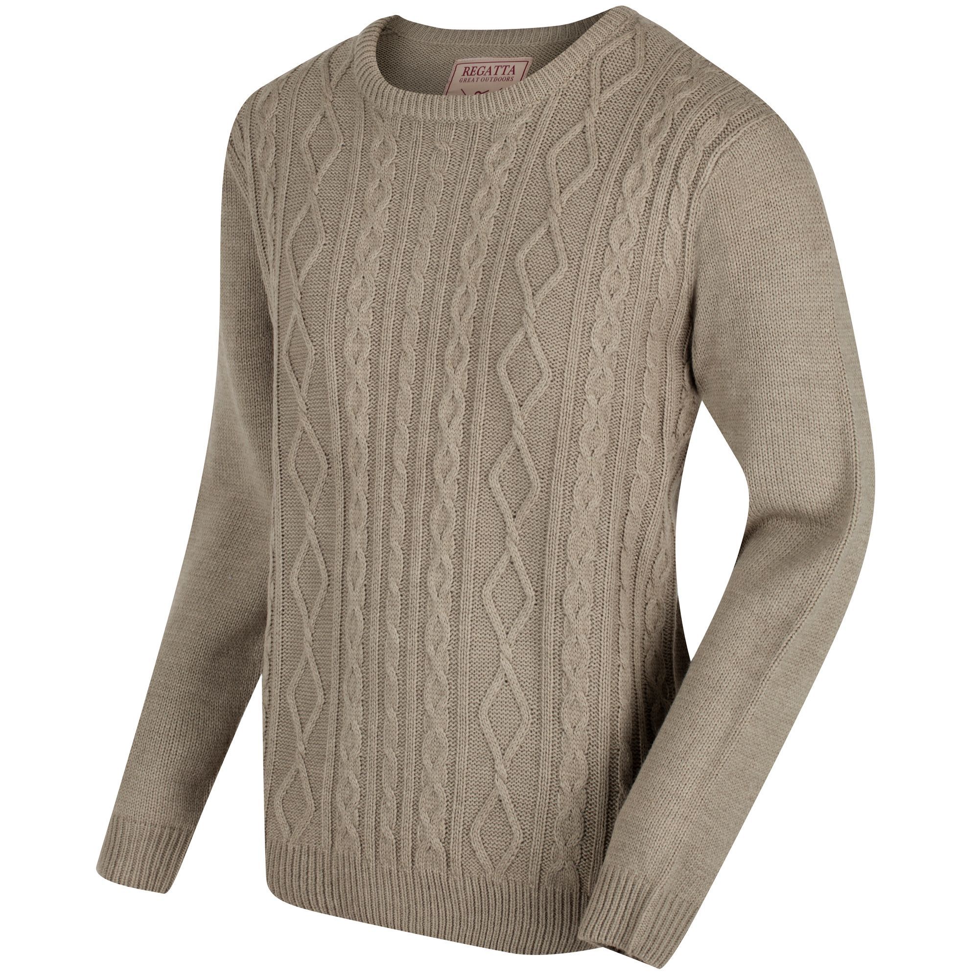 Classic crew neck jumper with a cable knit front for added insulation and durability. 85% acrylic. 15% wool. 5gg knit.