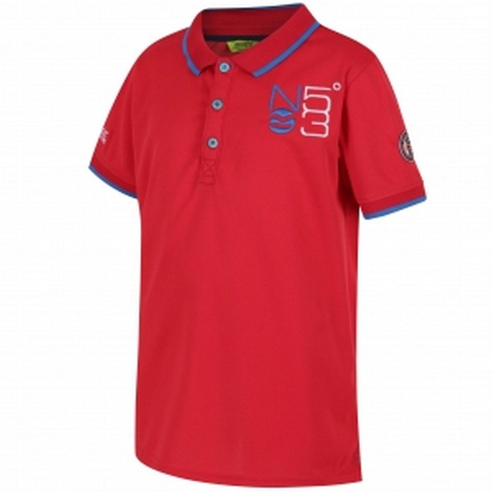 100% Polyester. Performance polo shirt with sail sports colours and N53 embroidery. Cut with a relaxed fit from hardwearing pique fabric that`s light to wear and keeps them comfortable by efficiently moving moisture away from the skin. Regatta Kids Sizing (chest approx): 2 Years (53-55cm), 3-4 Years (55-57cm), 5-6 Years (59-61cm), 7-8 Years (63-67cm), 9-10 Years (69-73cm), 11-12 Years (75-79cm), 32
