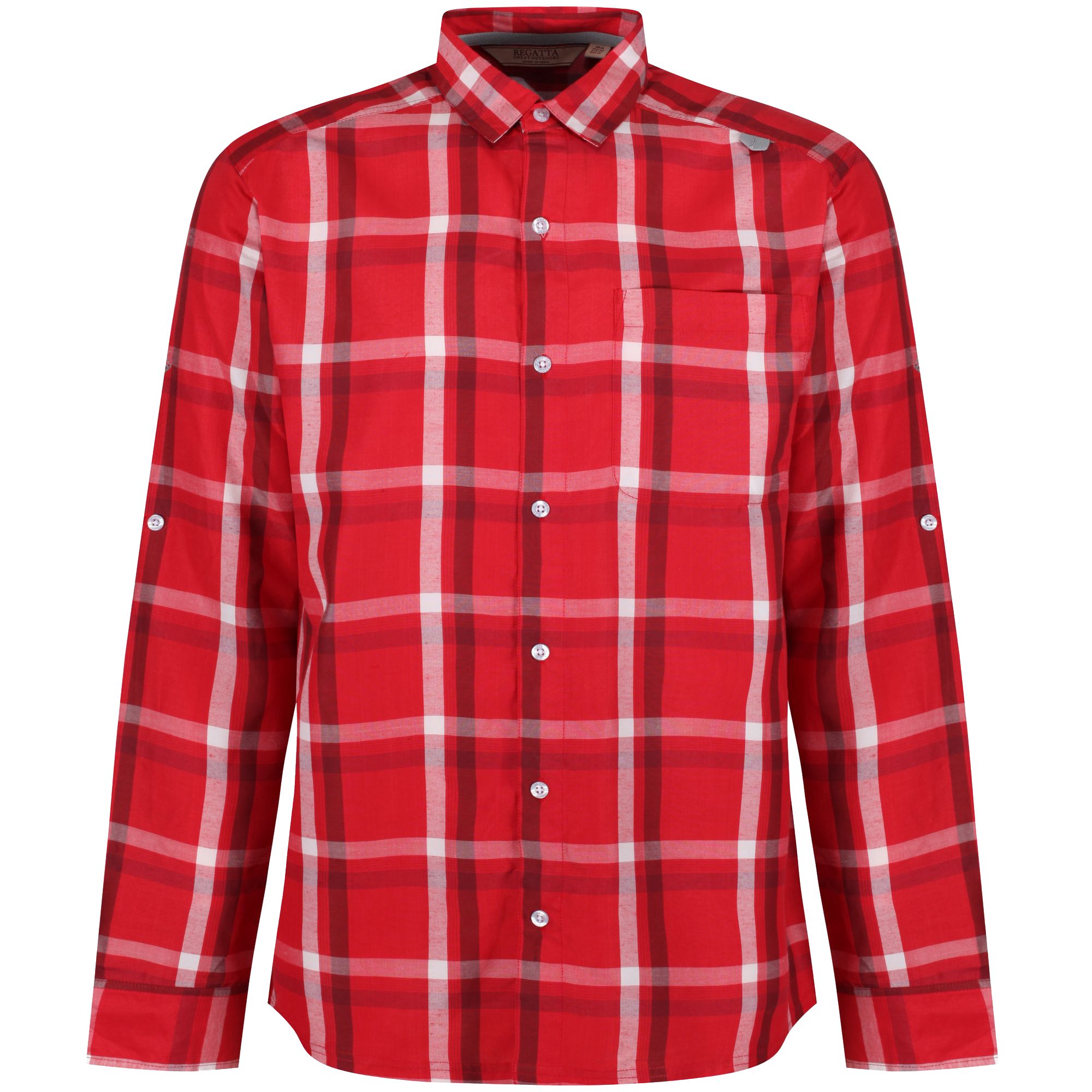 97% Polyester, 3% Viscose/rayon. Long sleeve checked shirt. Good wicking performance. Quick drying. 1 chest pocket. Turn up cuffs with button fastening.