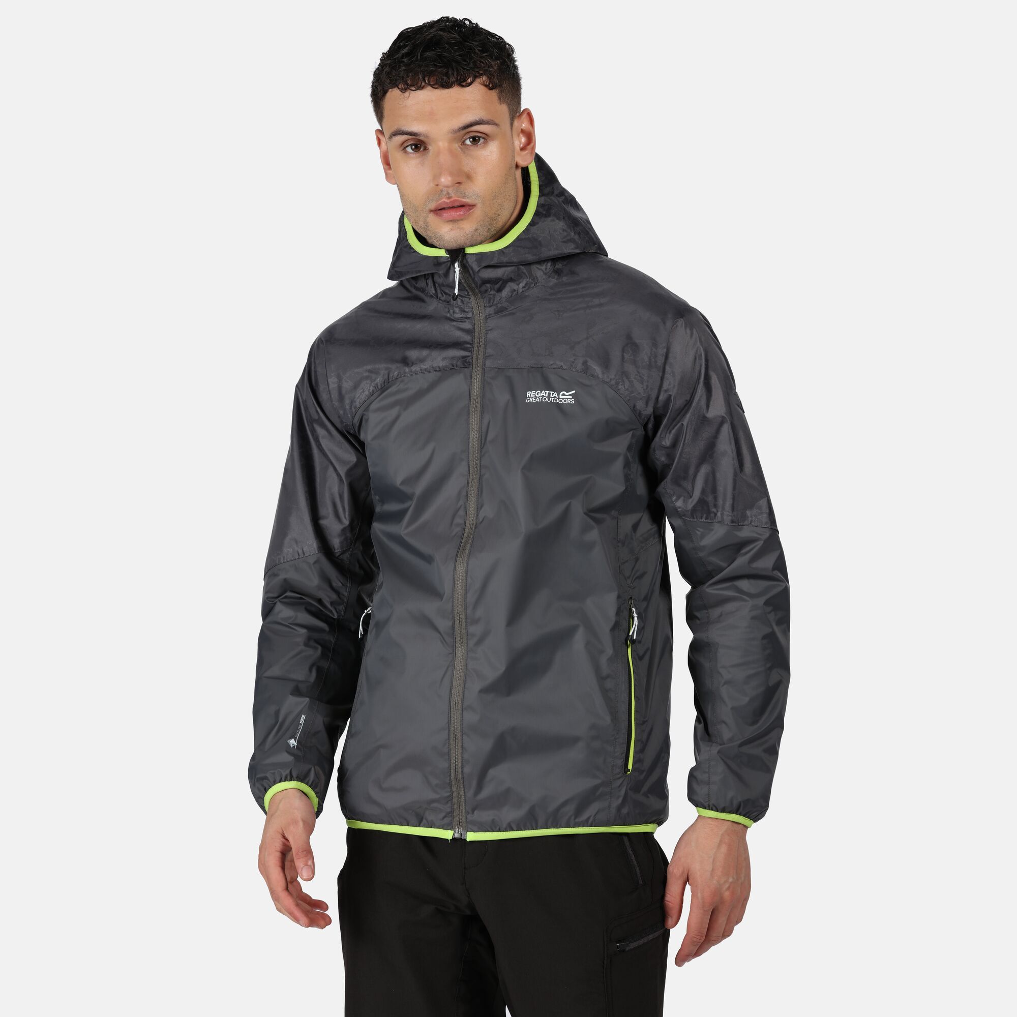 Waterproof hooded jacket with stretch trim on hood, cuffs, and hem. Made from lightweight Isolite 5000 fabric. Mesh lining on hood. Ideal for wet weather or as a light layer. 100% polyamide. Hand wash.
