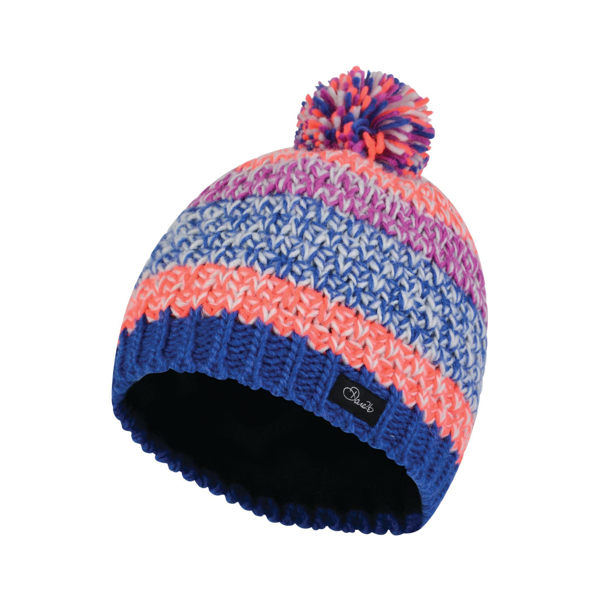 100% Acrylic. Girls Acrylic knitted woolly hat with fleece lining and bobble detail. Playful design. Ideal for wearing outdoors on a cold day.