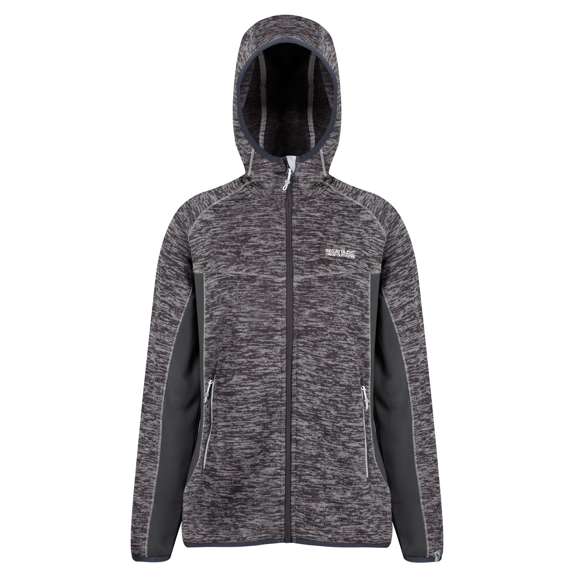 Womens hooded fleece made of 265gsm Polyester marl knit effect material. Extol stretch side, hood, and underarm panels. Grown on hood. 2 zipped lower pockets. Stretch binding to hood opening, cuffs, and hem. Ideal for wearing outdoors on a cold day. 100% Polyester.