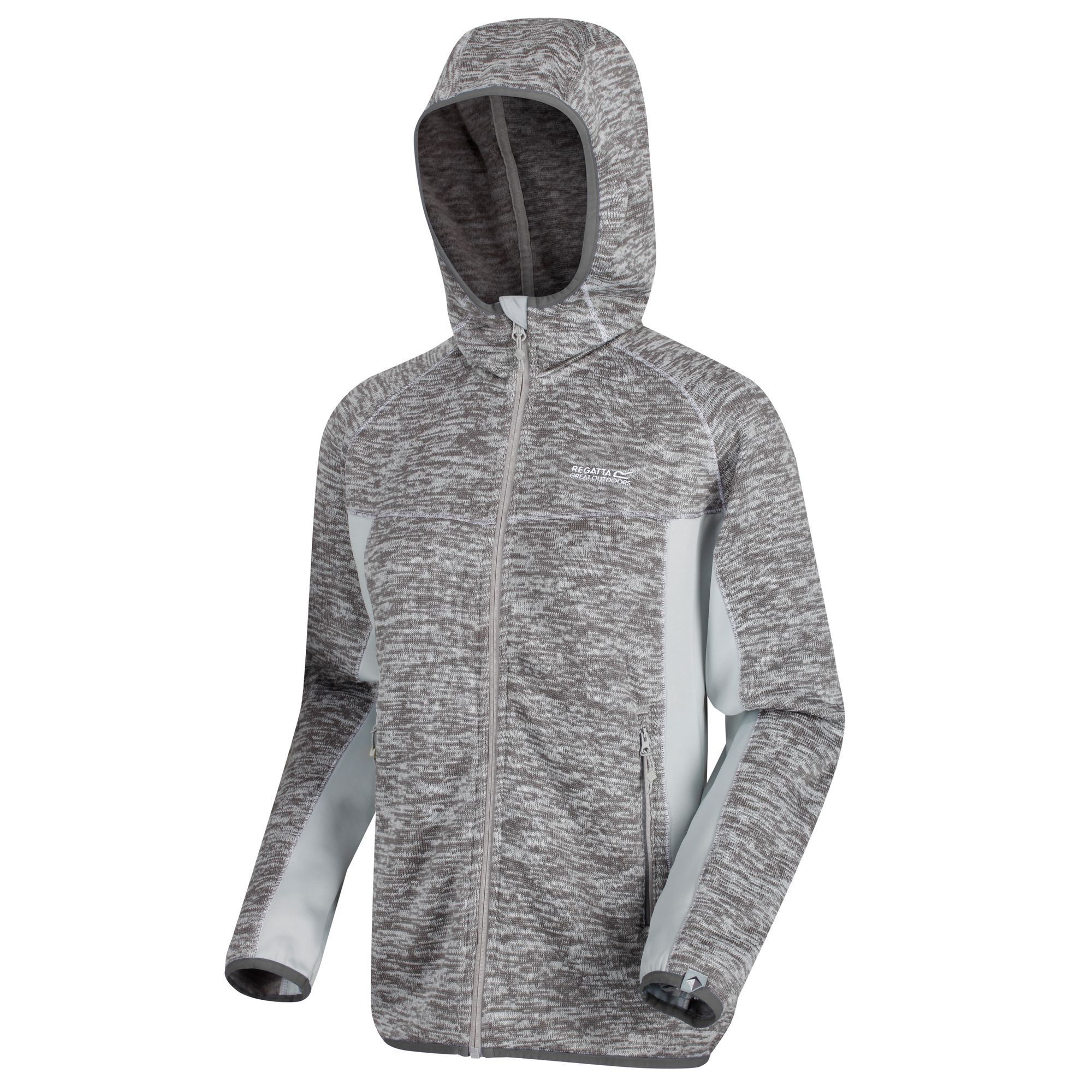 Womens hooded fleece made of 265gsm Polyester marl knit effect material. Extol stretch side, hood, and underarm panels. Grown on hood. 2 zipped lower pockets. Stretch binding to hood opening, cuffs, and hem. Ideal for wearing outdoors on a cold day. 100% Polyester.