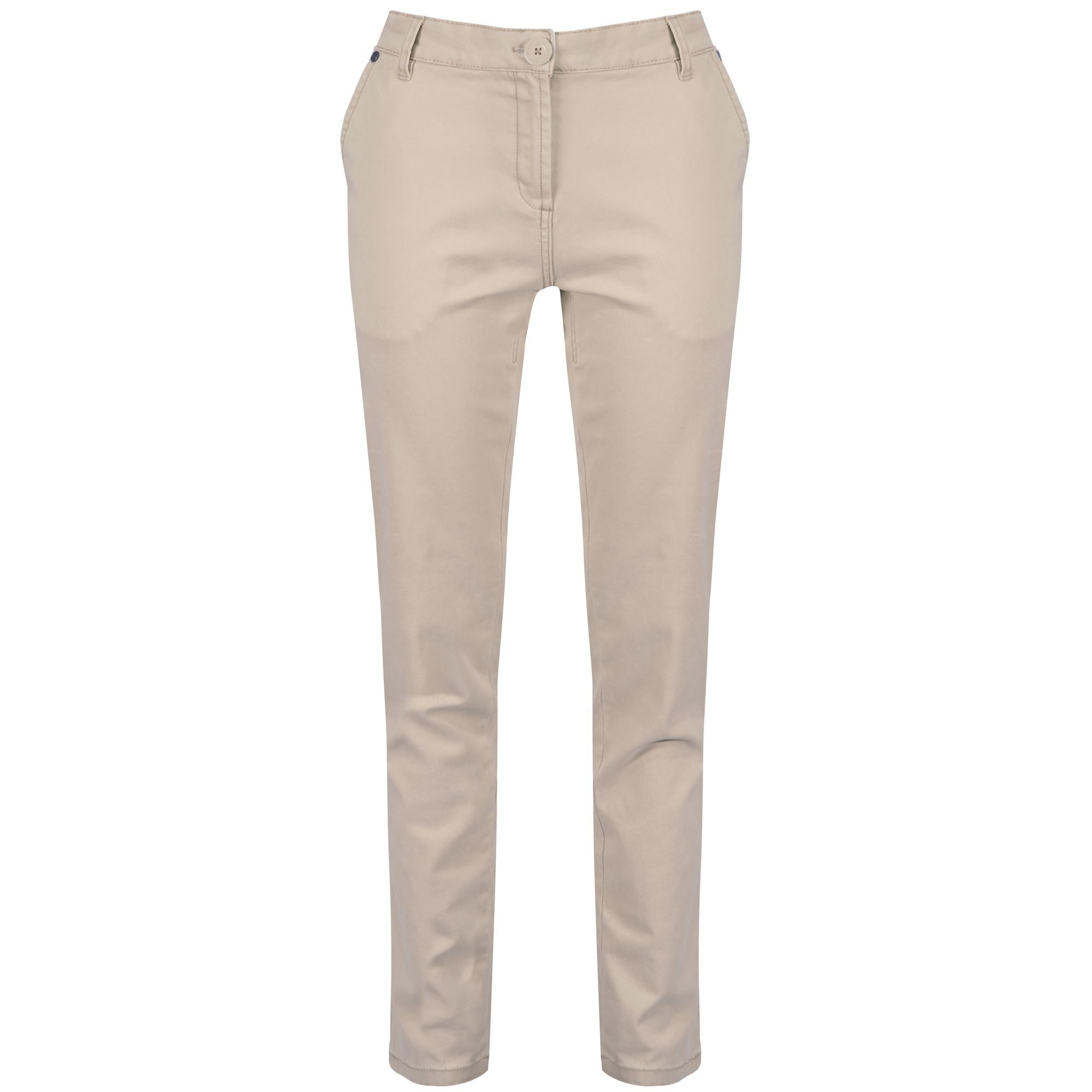 Womens Chino trousers made of cool weave Hybrid 98% Cotton/2% Spandex twill fabric. Garment washed for softer handle. Printed inner waistband.