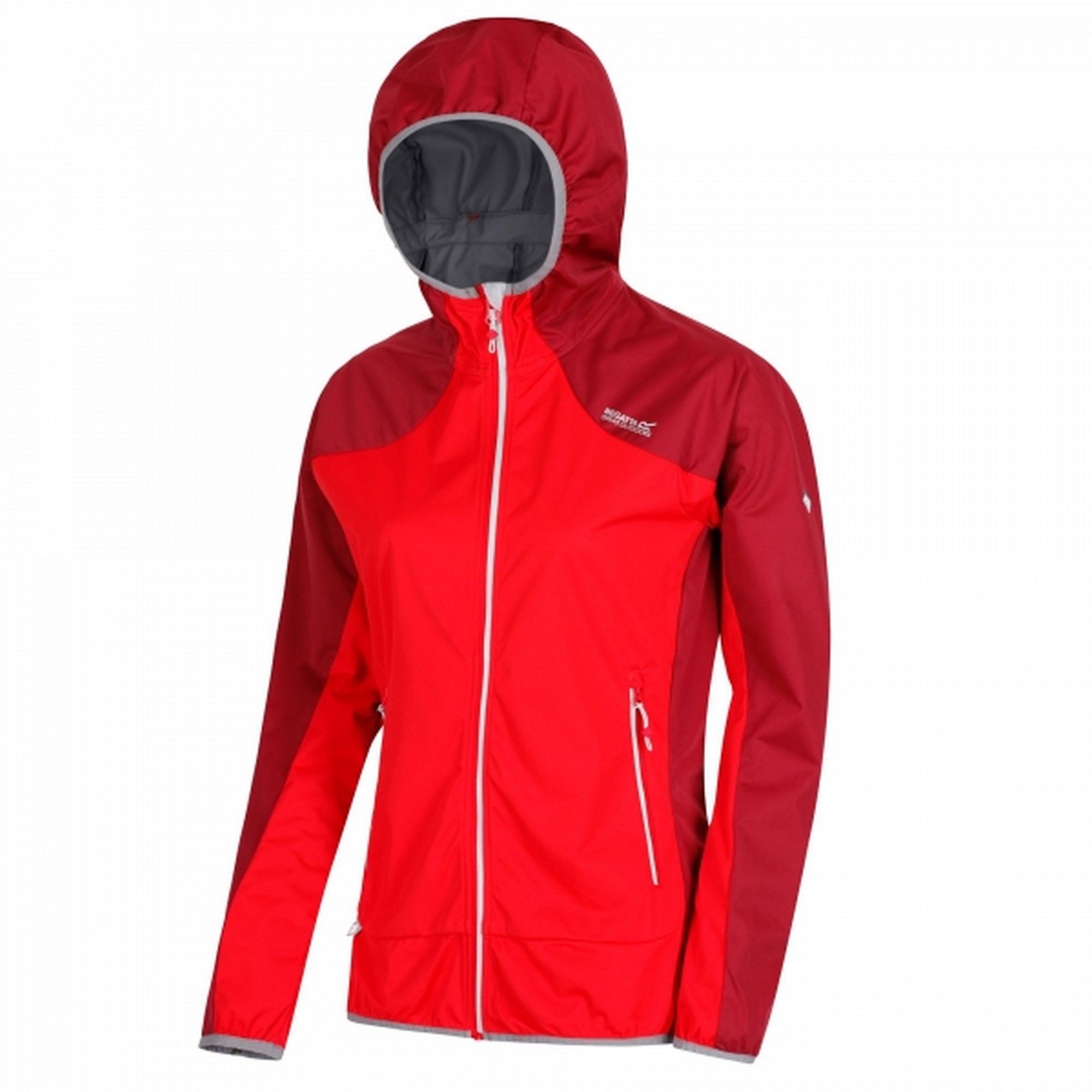 Womens hooded jacket made of wind resistant lightweight Softshell XPT stretch fabric. Durable water repellent finish. Grown on hood. Inner zip guard. Articulated sleeves for enhanced range of movement. 2 zipped lower pockets. Mesh lined pockets for breathability. Stretch binding to hood opening, cuffs, and hem. Ideal for wearing outdoors on a cold day. 100% Polyester.