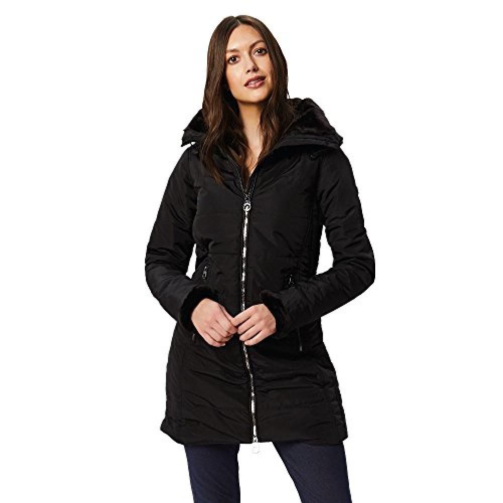 Womens full length hooded jacket made of water repellent high shine Polyester fabric. Thermo-Guard insulation. Polyester taffeta lined. Internal security pocket. New fashion zip down hood construction with high pile faux fur trim. 2 way centre front zip. Turn up cuffs with luxury fur trim. 2 zipped lower warm lined pockets. Ideal for wearing outdoors on cold day. 100% Polyester.