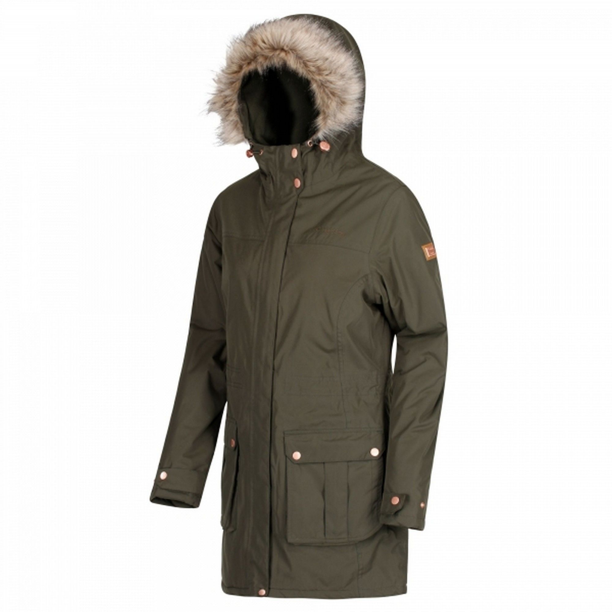 Womens full length hooded jacket made of waterproof Hydrafort peached Polyester fabric. Taped seams. Durable water repellent finish. Thermo-Guard insulation. Polyester lining with strategic warm fleece panels. Internal security pocket. Grown on hood with adjuster and removable faux fur trim. 2 way centre front zip. Adjustable shockcord waist. 2 lower patch pockets with handwarmer pockets behind. Fishtail hem. Ideal for wearing outdoors on a cold day. 100% Polyester.