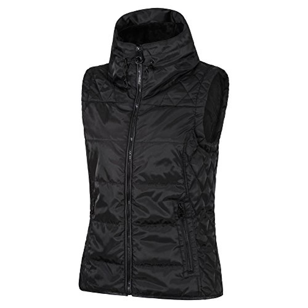 Womens bodywarmer with a padded fashion collar. Adjustable draw cord at collar. Luxury fur to inner collar. 2 zipped lower pockets. 100% polyester water repellent high shine twill fabric.