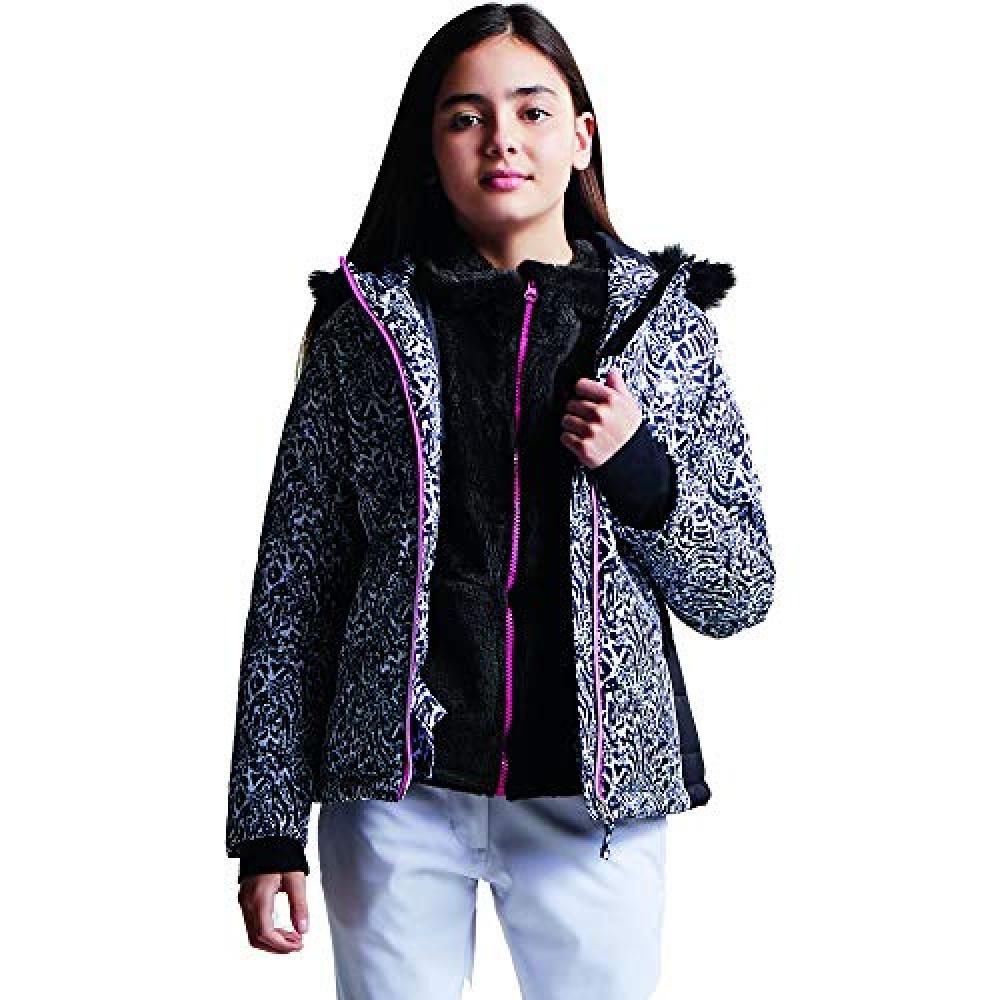 100% Polyester. Luxe girls ski jacket. Made from waterproof/breathable polyester fabric with four-way stretch for aerobic mobility. High warmth, low-bulk bulk insulation. Fine quality faux-fur trimmed hood. Powder blocking snowskirt. Cosy inner stretch cuffs. Zipped pockets, including a mesh google stash.